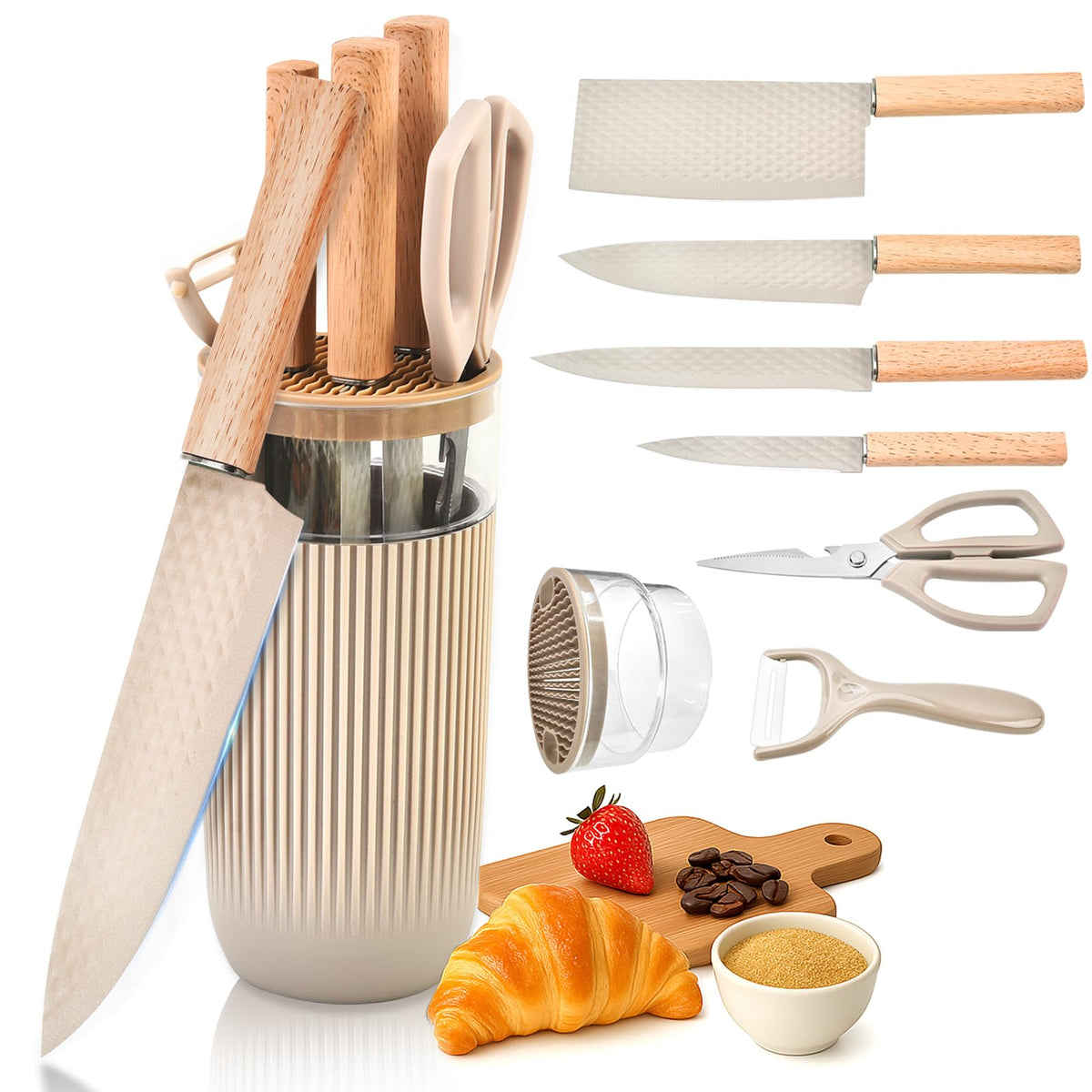 TOPLUCKY Knife Set, 7-Piece Kitchen Knife Set with Sharp Chef and Meat Knives, Anti-Rust Utility Knives Set for Kitchen, Kitchen Knife Block Set – Khaki