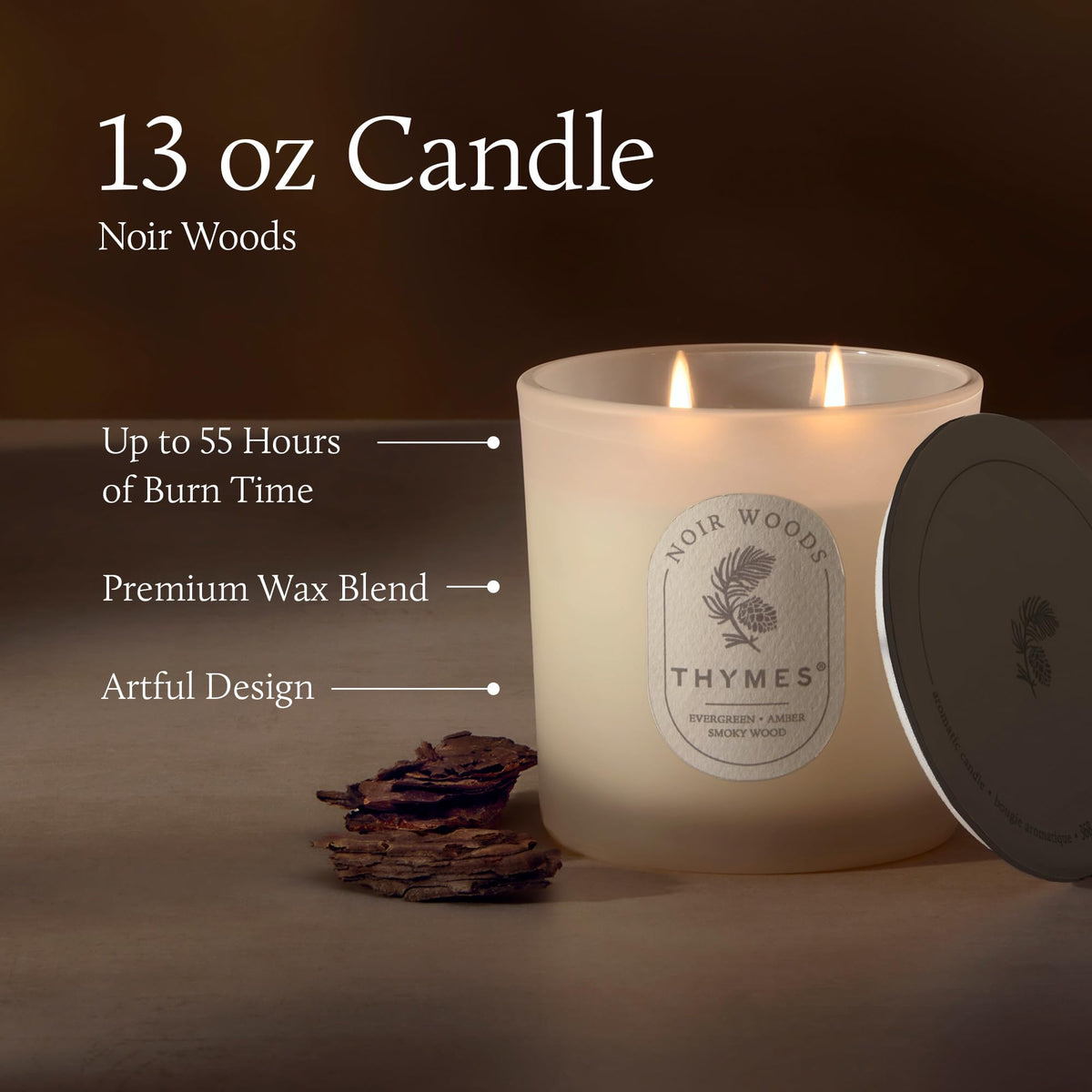 Thymes Noir Woods Scented Candles for Home Decor – Notes of Fresh Evergreen, Smoky Wood & Golden Amber – Luxury Home Fragrance Gifts for Women & Men – (2 Wick Medium Candle, 13oz)