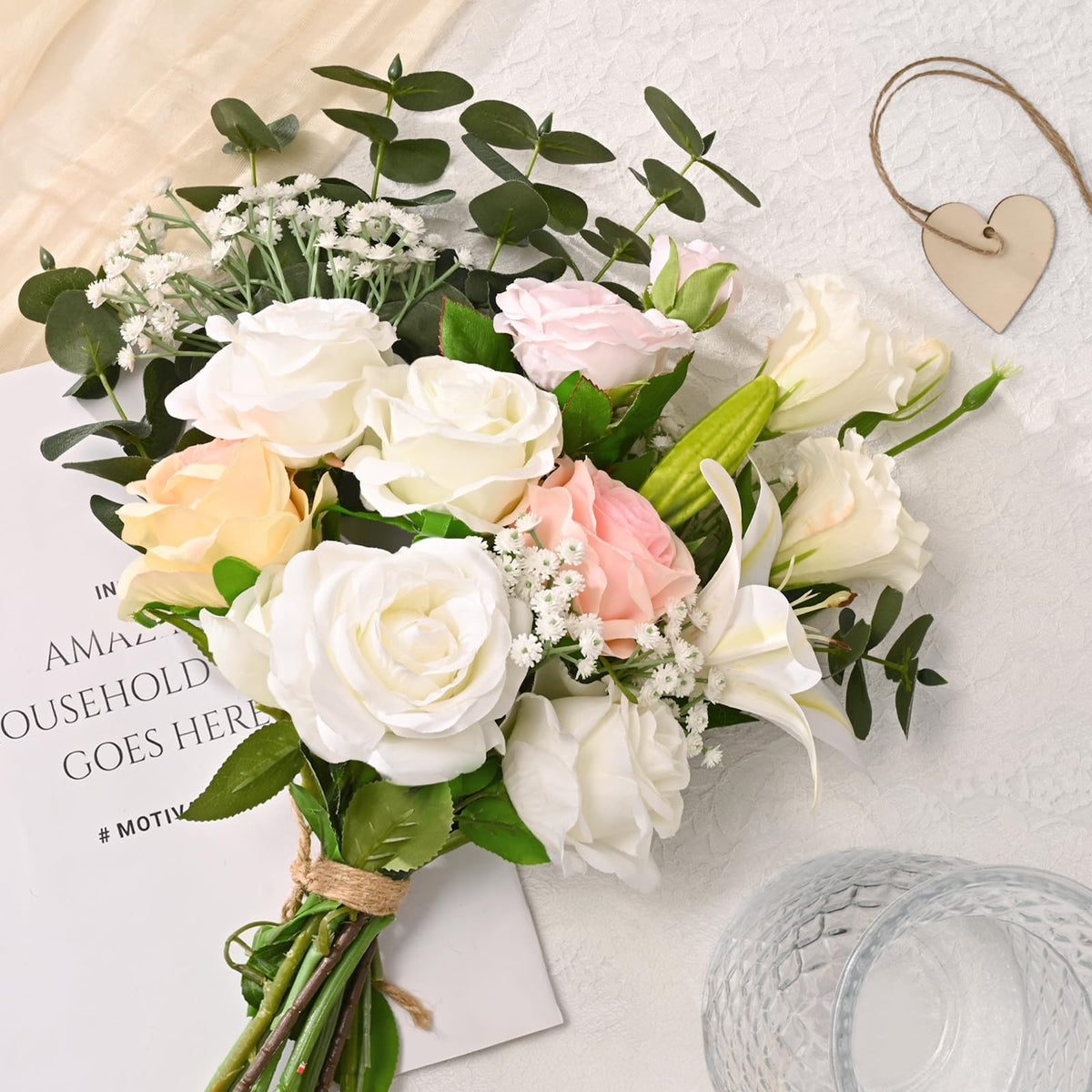 Livole 22Pcs Fake Flowers with Vase Silk White Artificial Flowers in Vase with Light Fake Plant Eucalyptus Flower Arrangement for Table Centerpieces Decor for Living Room Coffee Home Farmhouse
