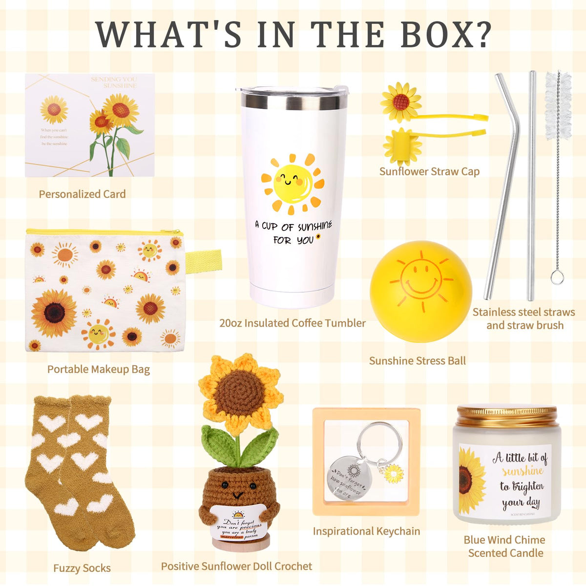 10Pcs Sunshine Gift for Women - Unique Care Package with Sunflower Gifts, Friendship Box of Sunshine for Mom Sister Wife, Get Well Soon & Birthday Present, Self Care Basket for Women Recovery