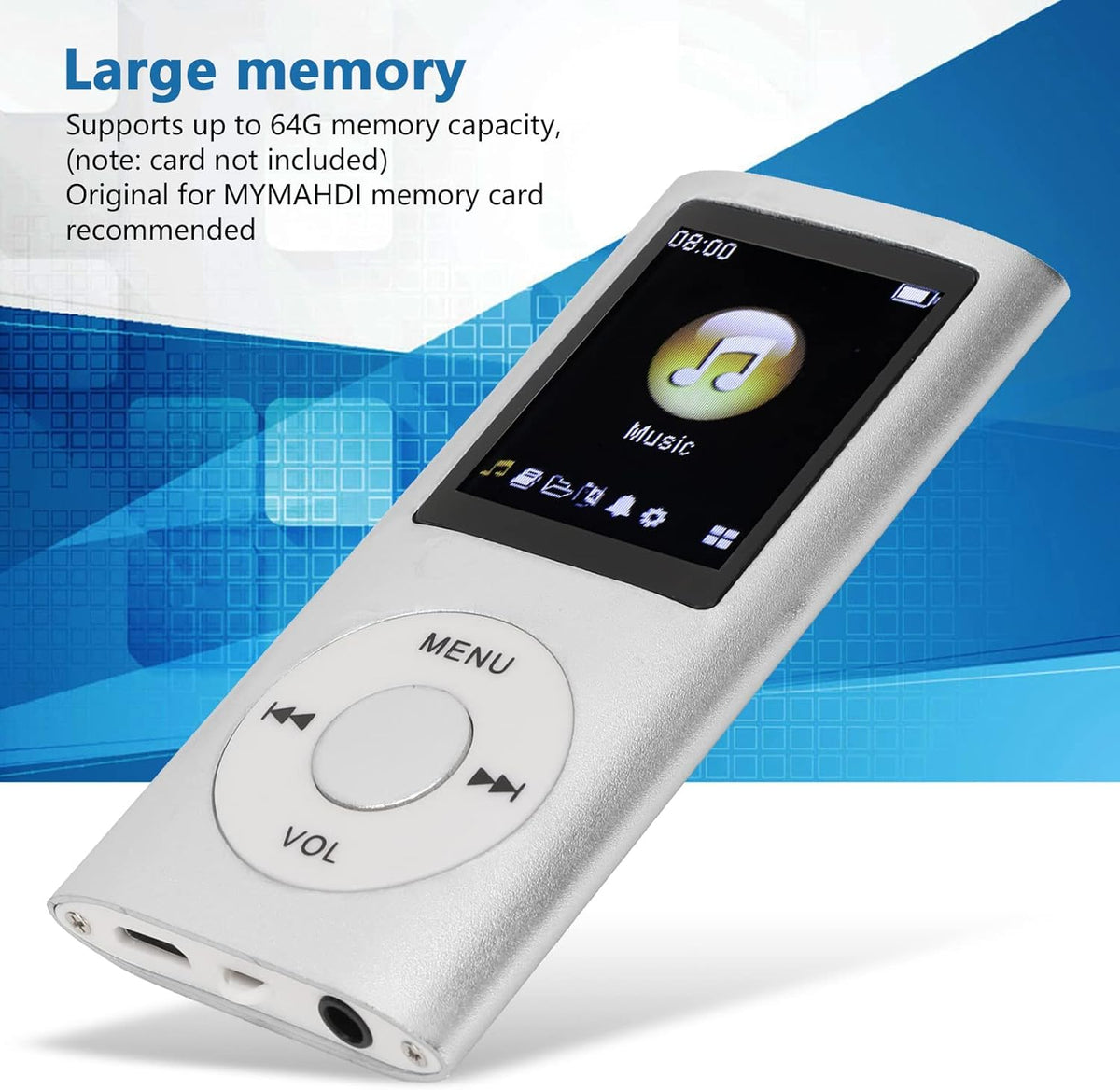 Cuifati MP3 64GB .8 Inch MP3 Player, Music Player Lossless Music LCD Screen Portable Music Player, Includes Charging