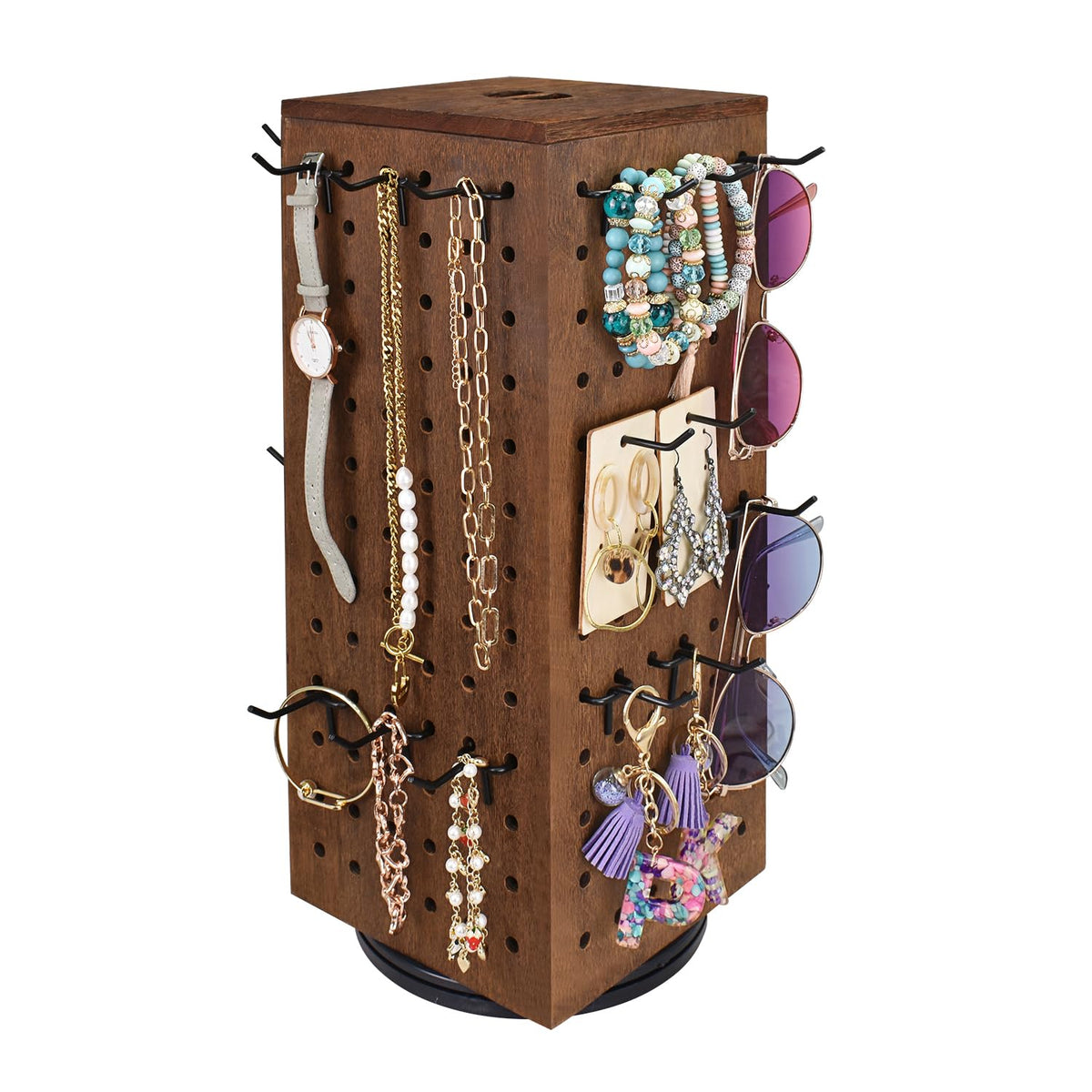 MOOCA Wooden Rotating Four-Sided Pegboard Jewelry Accessories Rack, Rotating Jewelry Display with a Lid for Large Inner Storage Space, 48 Removable Black Hooks, Brown Color