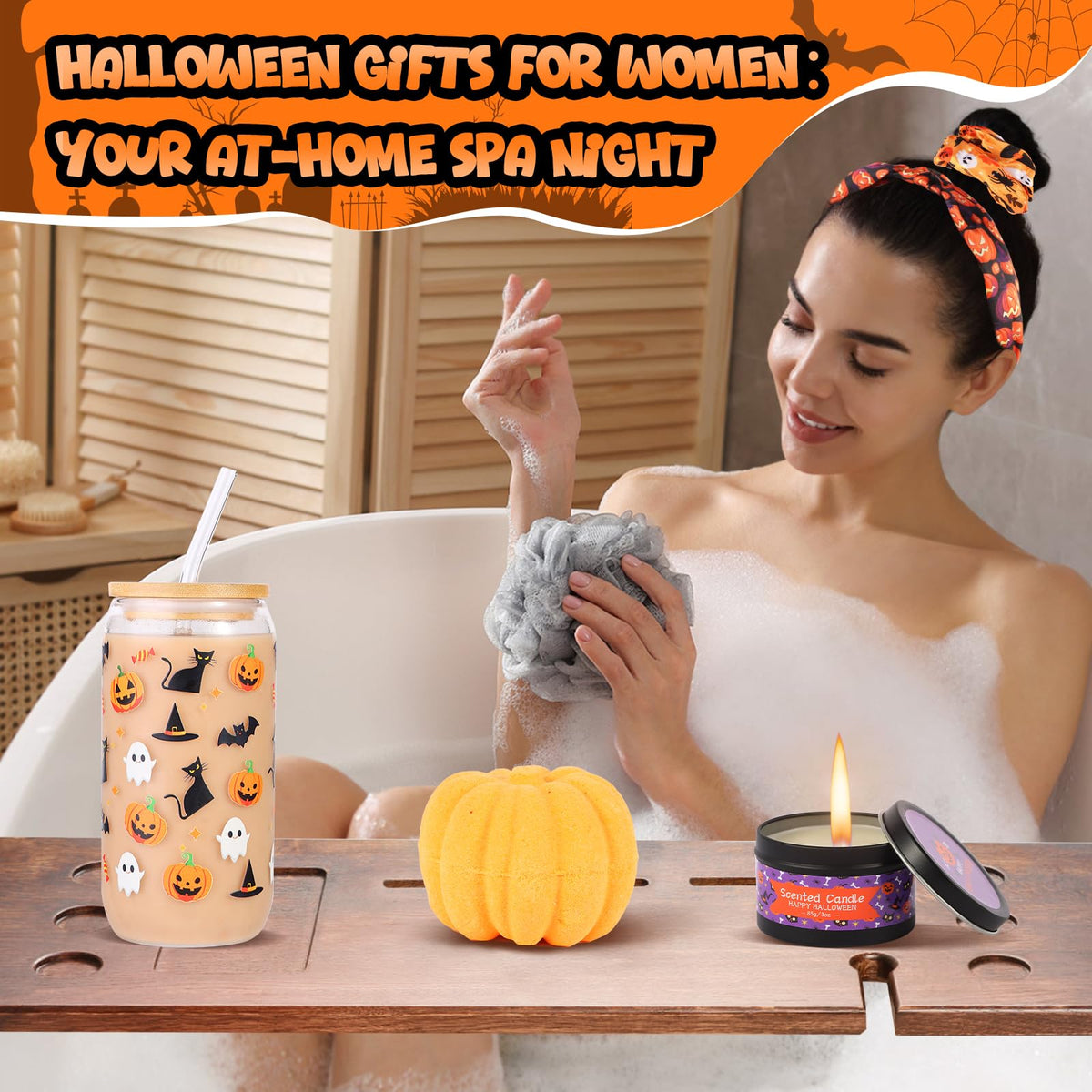 Munutix Boo Basket Stuffers for Women - 8pcs Halloween Gifts Basket for Teens Girls with 17oz Glass Cups & Spa Gifts - Boo Basket for Family, Friends, Her, Mom, Sister, Wife
