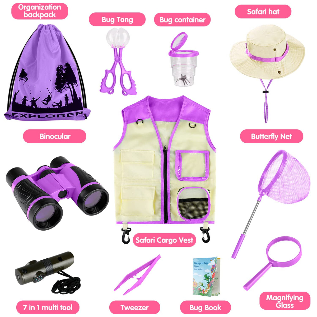 INNOCHEER Explorer Kit & Bug Catcher Kit for Kids Outdoor Exploration for Boys Girls 3-12 Years Old (Purple)