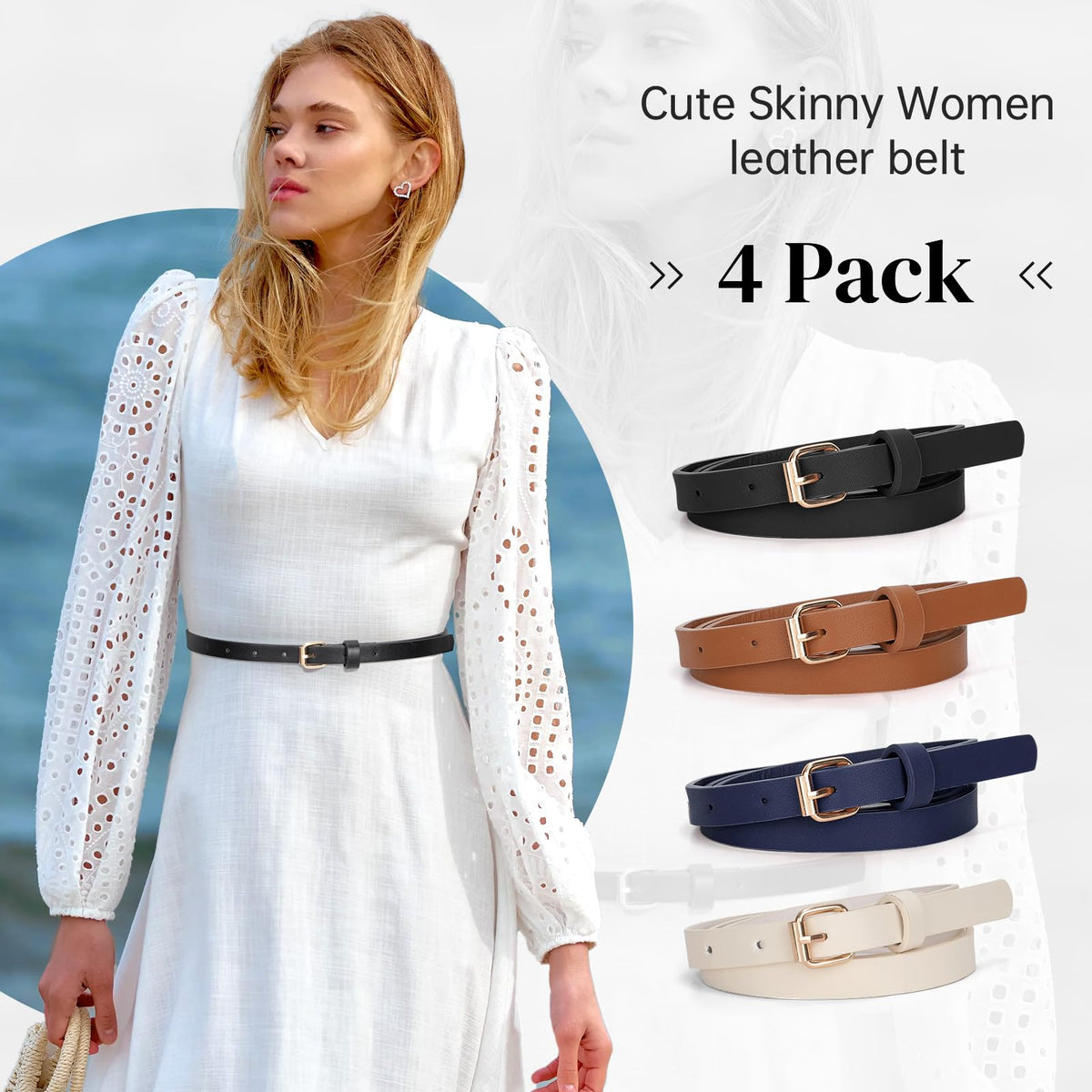 JASGOOD 4 Pack Skinny Women Leather Belt for Dresses Thin Waist Belt for Jeans Pants with Gold Buckle