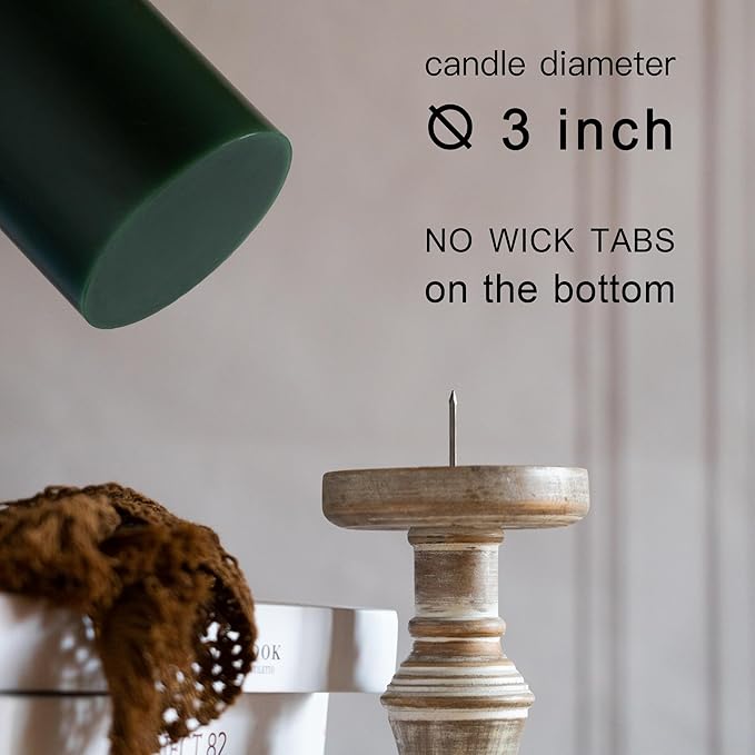 MOZEAL 3" x 8" Hand-poured Unscented Large Candle,Smokeless Rustic Pillar Candle Set of 2,Slow Burn,No Drip,Approx 150 Hours Burning,Wedding,Dinner,Christmas and Home Decorative,Tall Dark Green Candle