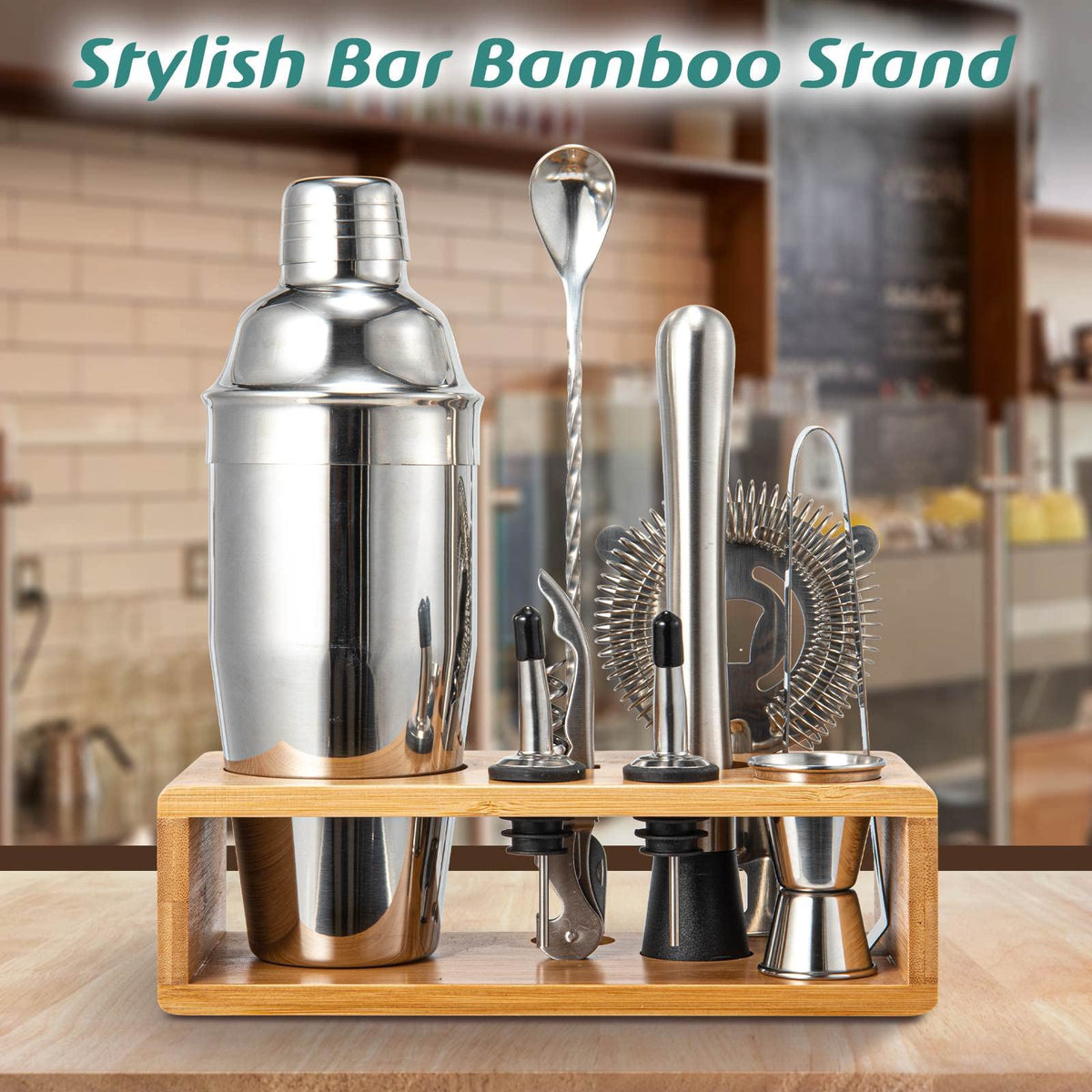 Cocktail Shaker Set, 18/8 Food-Grade Stainless Steel Mixology Bartender Kit 10-Piece Bar Tools with Stylish Bamboo Stand - Rust-Proof & Dishwasher Safe - Professional Martini Shaker Gift for Men, Dad