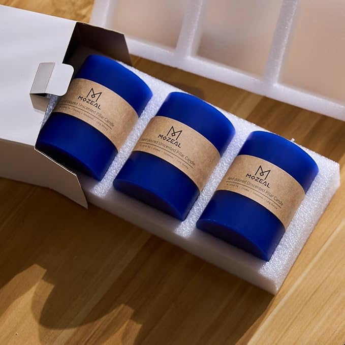 MOZEAL 3" x 6" Hand-Poured Unscented Candle, Dripless Pillar Candle Set of 3, Long Lasting Burning, Approx 120 Hours Burn Time, Rustic Country Style, for Winter Celebrations, Royal Decors, Royal Blue