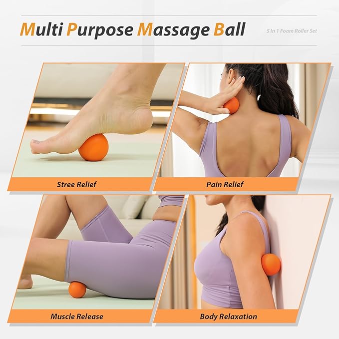5 in1 Foam Roller Set, Trigger Point Foam Roller, Massage Roller Stick, Massage Ball, Resistance Band for Deep Muscle Massage Pilates Yoga,Fitness Exercise for Whole Body (Pure Orange)