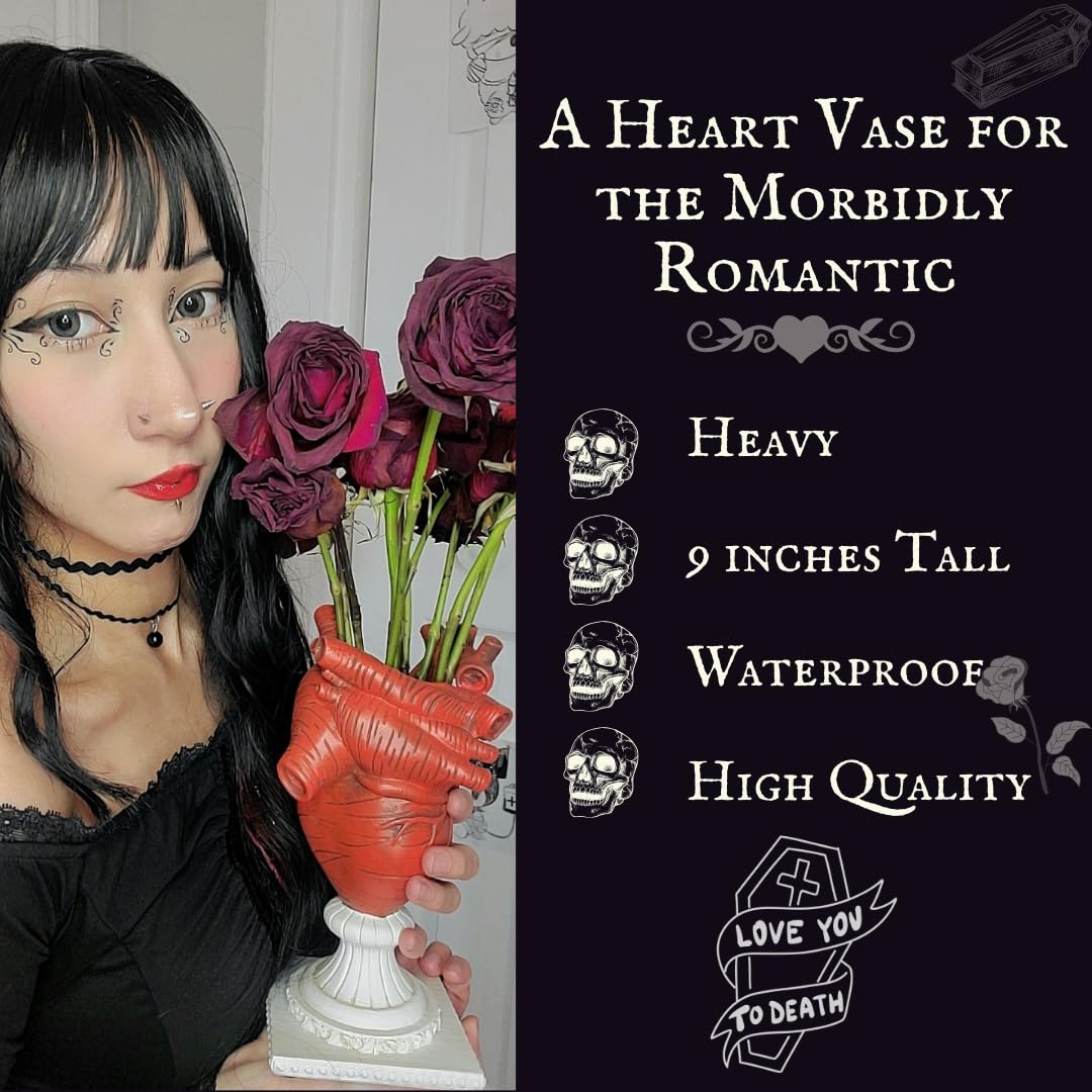 LevOli Gothic Anatomical Heart Vase - Valentines Creepy Large Human Heart Shaped Flower Planter - Horror Lovers Halloween Themed Gifts for Adult Women - Edgar Allan Poe Spooky Decor Weird Oddities