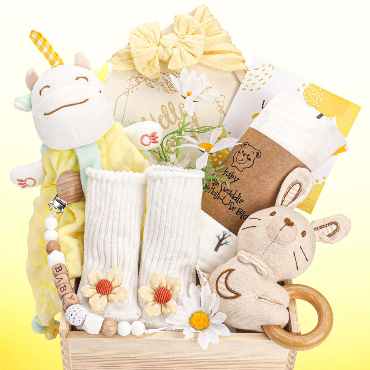 Elysirise Baby Girl Gifts, for Girls,Newborn Essentials Baby Girl Basket,Wooden Baby Gift Basket Swaddle Blanket Rattle Toy Headband Bow Infant