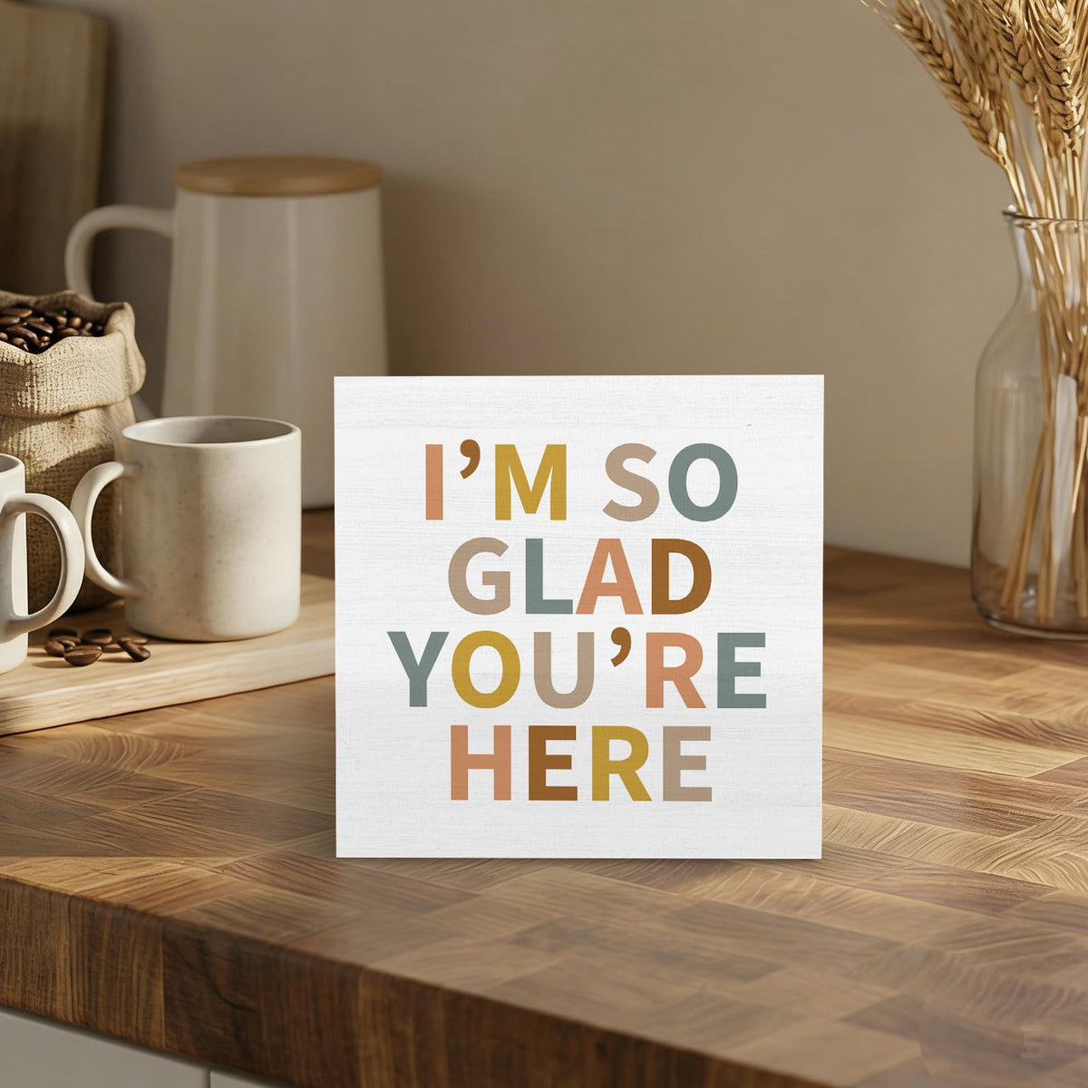 GWOKPAAI Boho Classroom Wooden Box Signs Desk Decor, Kids Room Decor, I'm So Glad You're Here Boho Wooden Signs Desk Decorations for Kids Toddler Room Bedroom Playroom Tabletop Shelf Wall, 5x5in