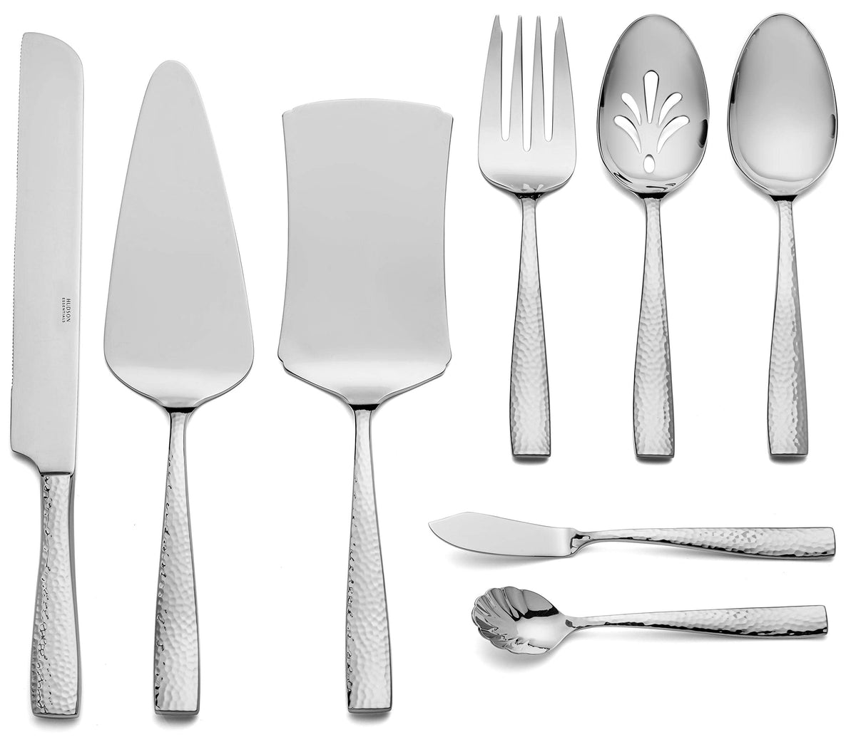 Hudson Essentials Hammered 18/10 Stainless Steel Hostess Serving Utensil Set, 8-Piece Set with Cake Knife, Cake Server and Lasagna Pie Server, Dishwasher Safe