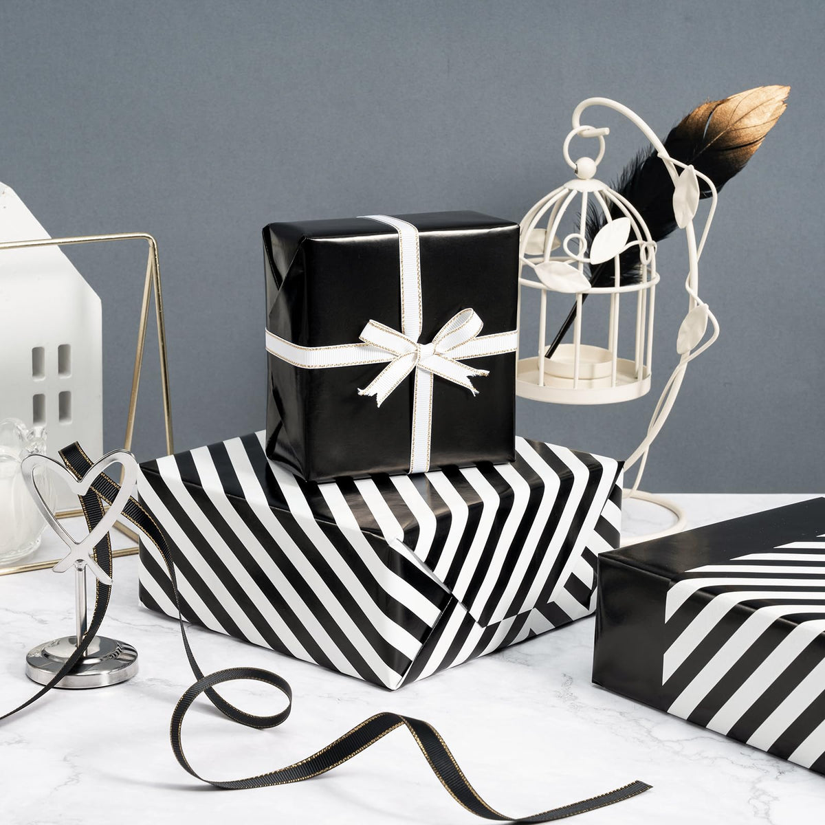 WRAPAHOLIC 30 Inch Reversible Black Wrapping Paper - Black and Stripes Wrapping Paper for Birthday, Holiday, Wedding, Baby Shower - 30 inch x 33 feet