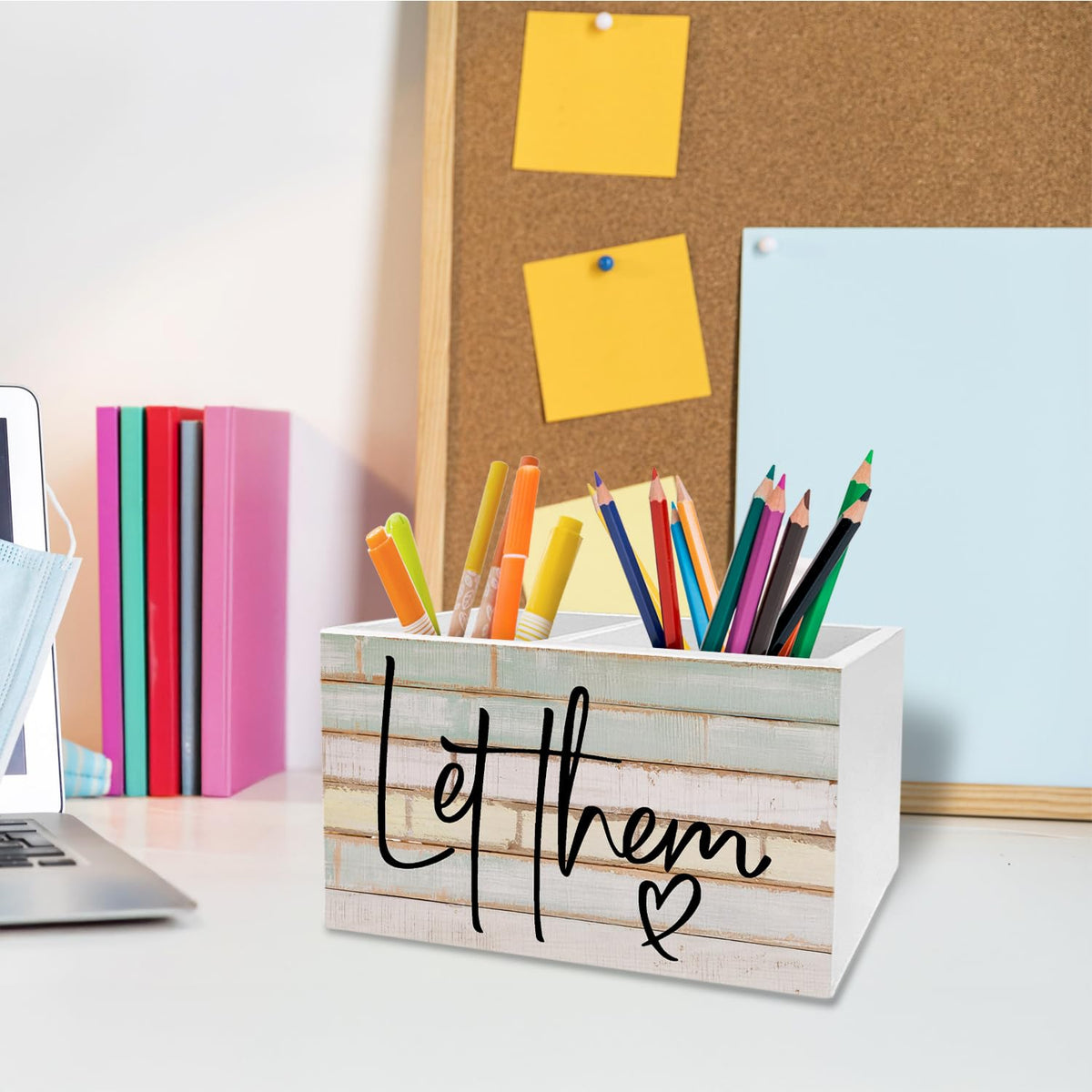 METNBASYY Rustic Let Them Inspirational Pen Holder for Desk, Motivational Gifts Pencil Organizer, Mental Health Psychology Gifts Wooden Box Sign Desk Decor for Home Office Decoration