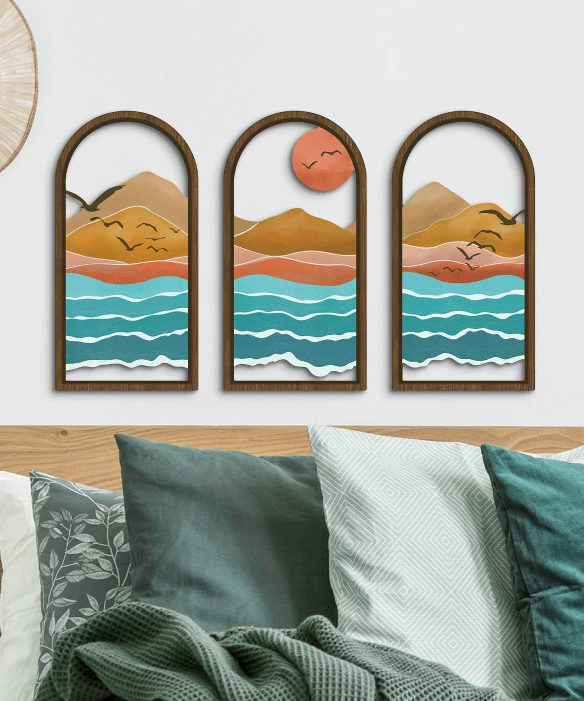 Putuo Decor Minimalist Modern Wall Art Set of 3, Abstract Nature Inspired Sun Mountain Sea Wall Decor, Wood Framed Mountain Landscape Wall Art for Living Room Bedroom Office, 16 x 8 in