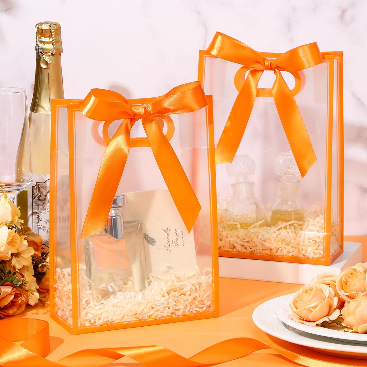 Aliceset 12 Pcs Clear Plastic Gift Bag with Die Cut Handles Reusable PP Favor Bag with Ribbon for Wedding Bridal Birthday Baby Shower Party Small Business, 7x10x3.15 Inch(Orange)