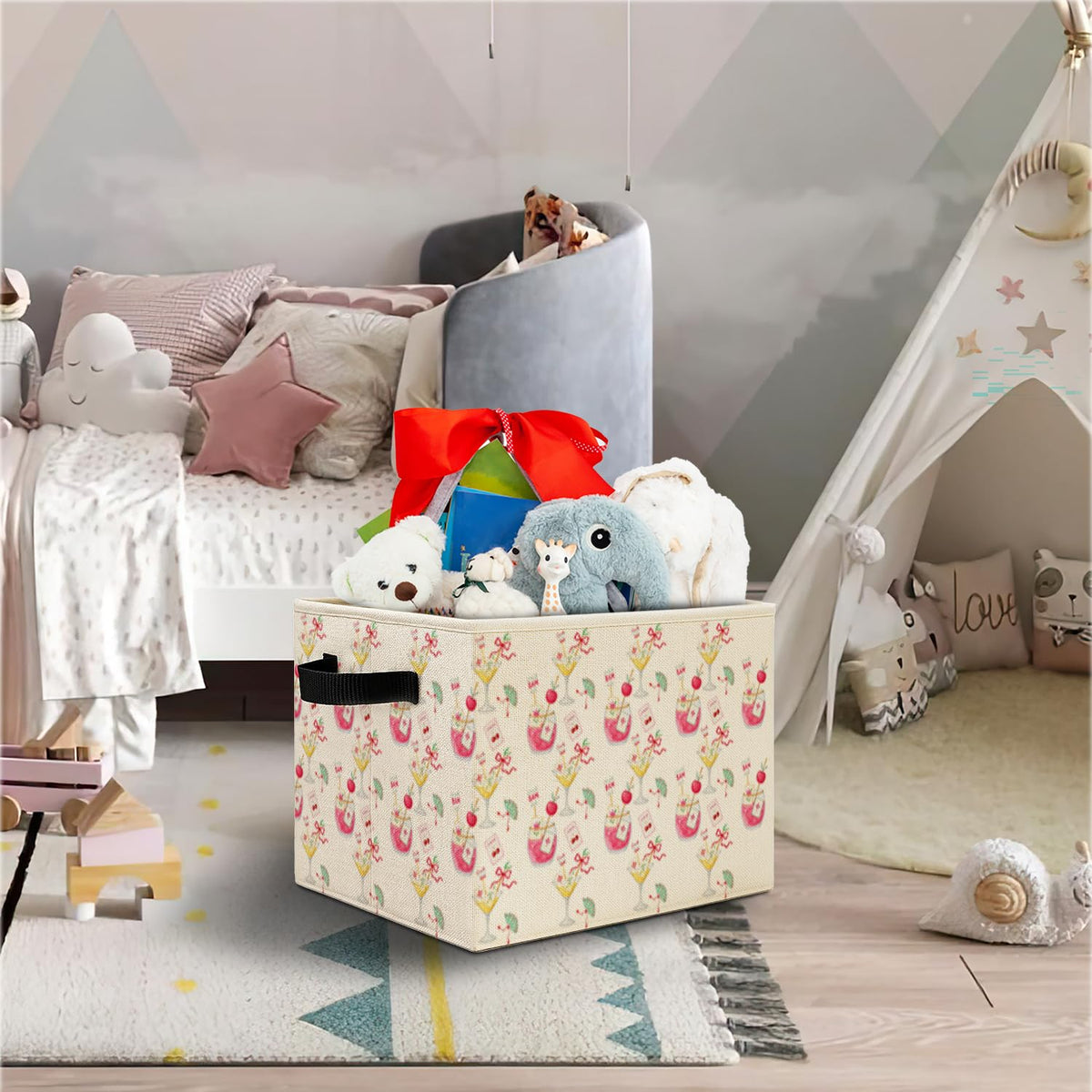 Elefeltclave Mahjong Cocktail Storage Bins,Trendy Martini Cocktail Mahjong Collapsible Storage Basket Organizer for Kitchen Bar Lounge Girls Bedroom Clothes Toys Books, Toybox for Girls COCKTAILMJ