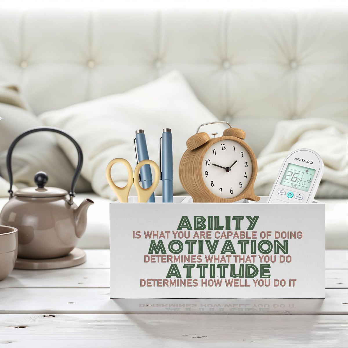 FITIE Motivational Office Pencil Pen Holder for Desk, Ability Motivation Attitude Wooden Pencil Holder Organizer for Home Office Desk Accessories, Encouragement Gifts for Women