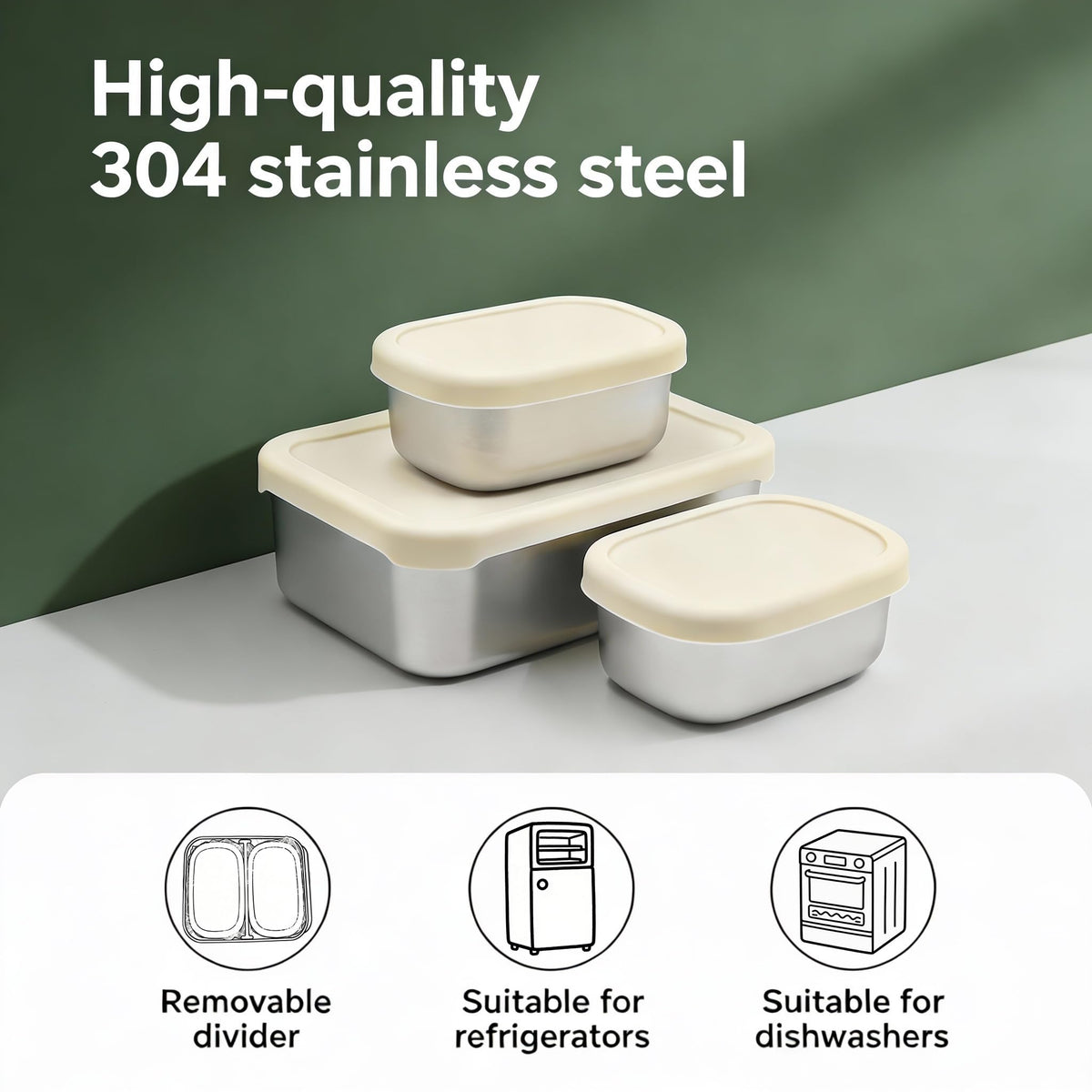 Koocovel Leak Proof Stainless Steel Bento Box Set - 3-Piece, Metal Lunch Box with Silicone Lid, Dishwasher Safe, Stainless Steel Lunch Box Containers for Home, Office, Camping (1 x 34 oz + 2 x 8.8 oz)