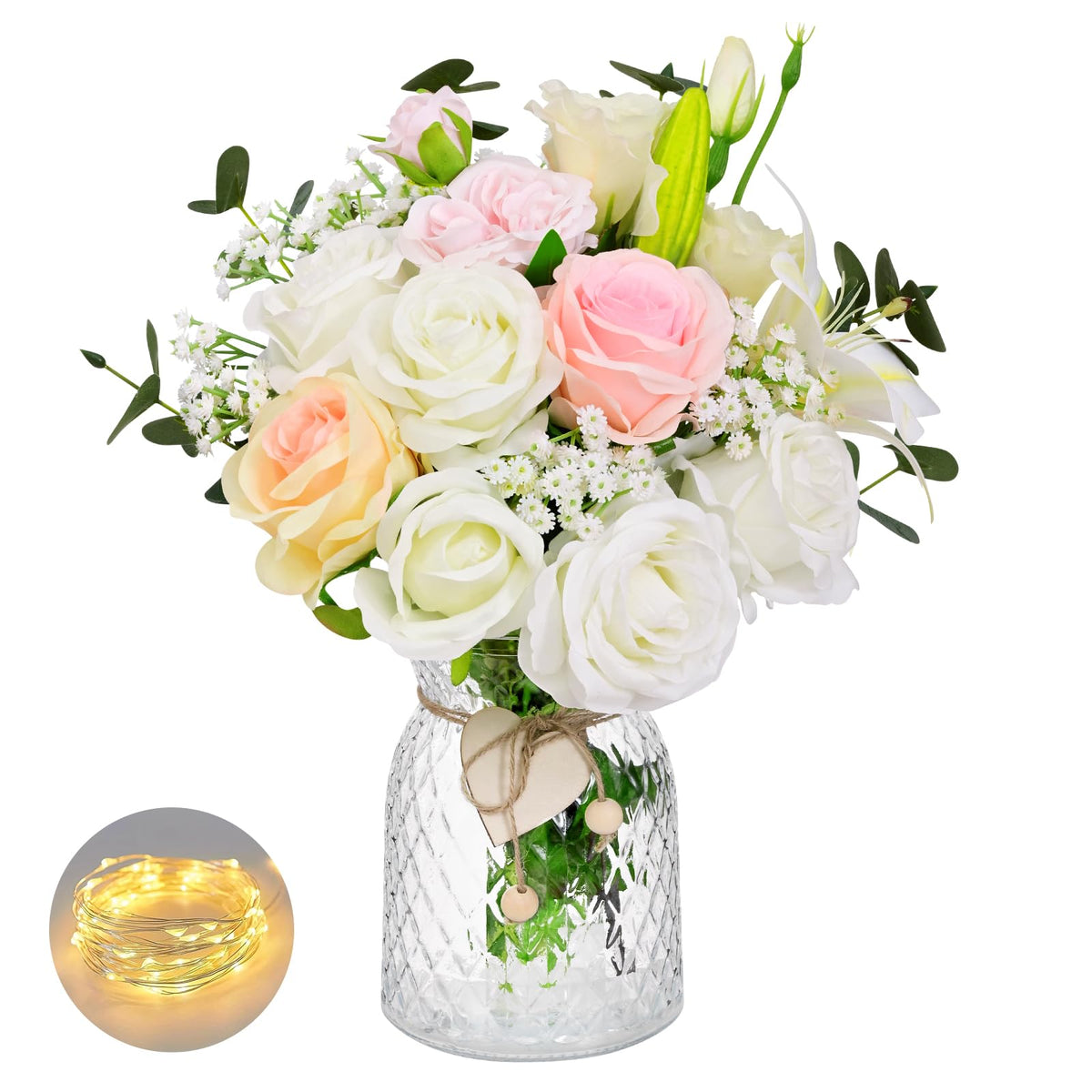 Livole 22Pcs Fake Flowers with Vase Silk White Artificial Flowers in Vase with Light Fake Plant Eucalyptus Flower Arrangement for Table Centerpieces Decor for Living Room Coffee Home Farmhouse