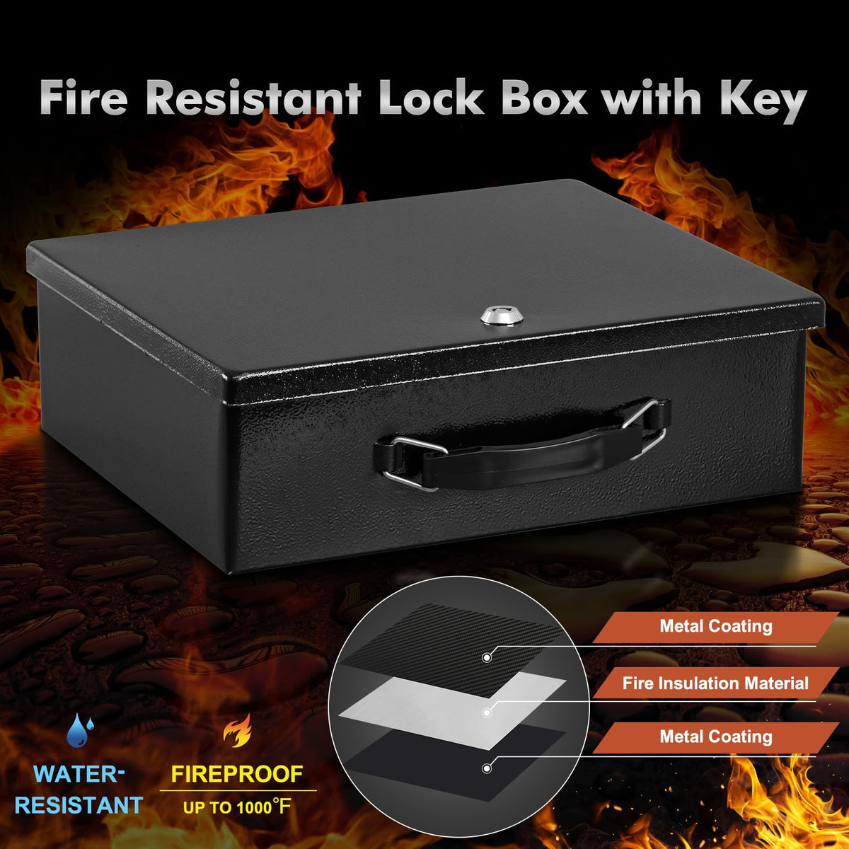 KYODOLED Fireproof Document Box with Key Lock, Small Lock Boxes for Personal Items, Fire and Water Resistance, Fireproof Safe Box for Documents, Jewelry, Passport, Cash, 12.6'' x 8.3'' x 4.3'' Black