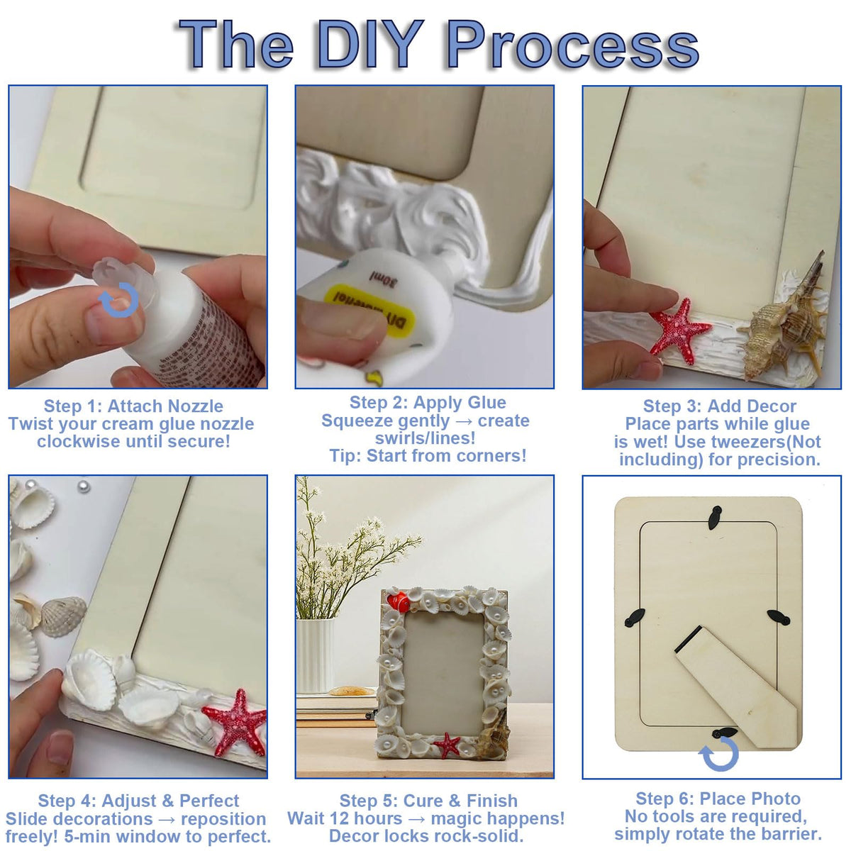 Fenzonmic DIY Wooden Photo Frame Kit – Includes Cream Glue Gun & Resin Decor (Shells, Pearls, Sea-Themed) for 4x6 Inch (10x15cm) Pictures, Creative Craft Gift for Friends, Family