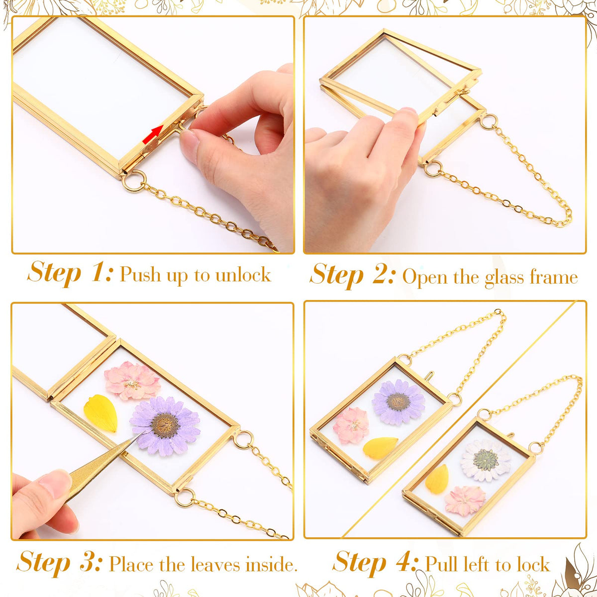 Reginary 8 Pcs 2 x 3 Inch Glass Frame for Pressed Flowers Mini Hanging Double Brass Frame Floating Glass Photo Picture Frame with Chain for Artwork Art Specimen Wall Plant DIY Decor(Gold)