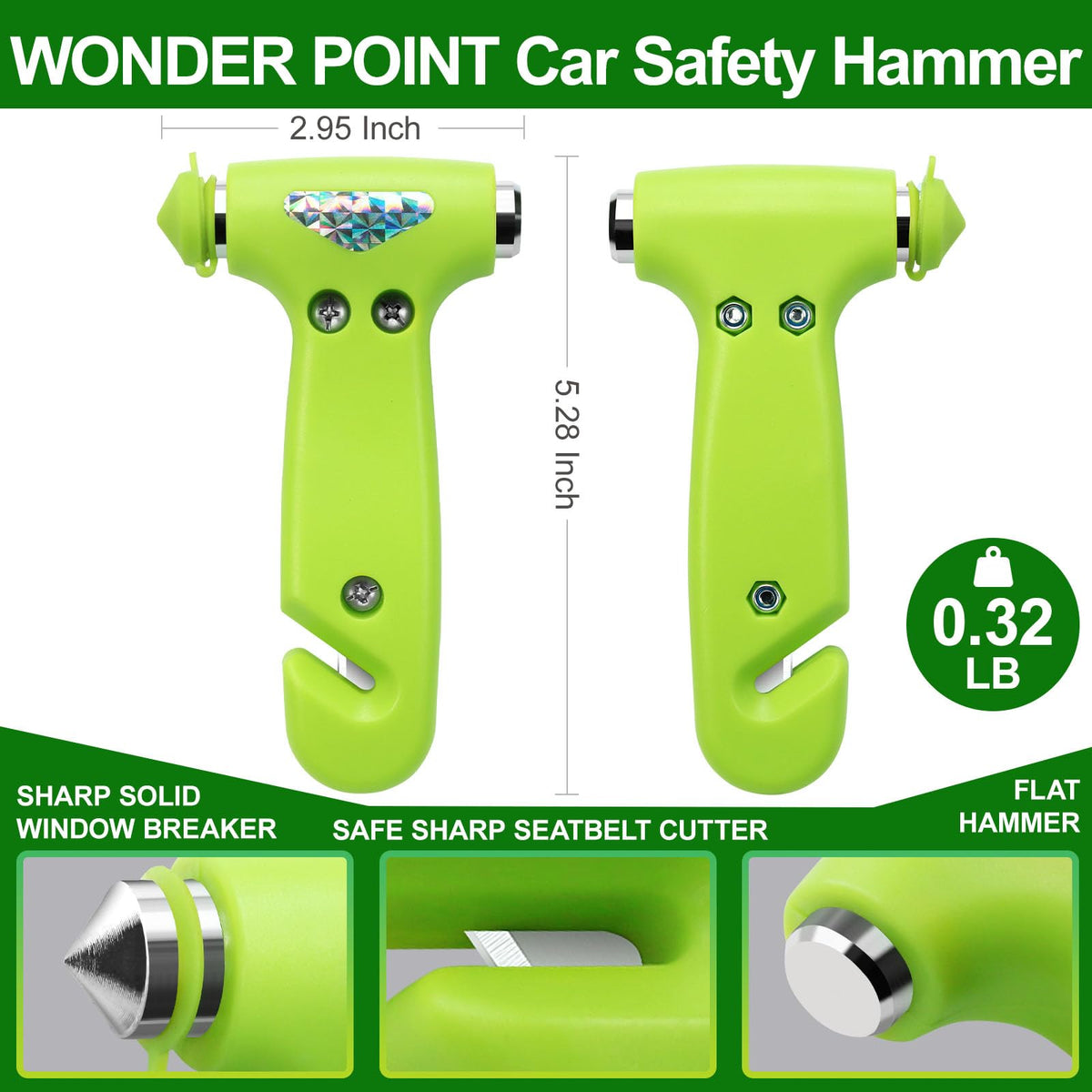 WONDER POINT Car Window Breaker, Safety Hammer - 3 in 1 Escape Tools, Window Breaker Seatbelt Cutter, Roadside Emergency Kit with Light Reflective Tape(2 Pack, Green)