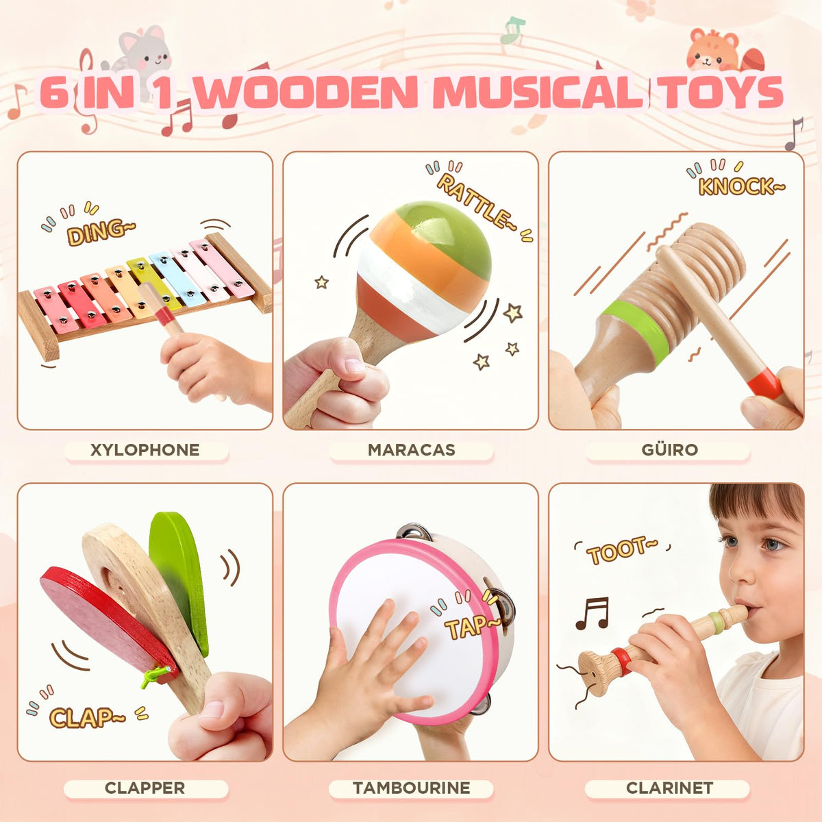 Baby Musical Instruments - Montessori Wooden Musical Toys for Toddlers 1-3, Xylophone Maracas Tambourine Percussion Set, Kids Preschool Music Learning Toys, Educational Birthday Gifts (Rainbow)