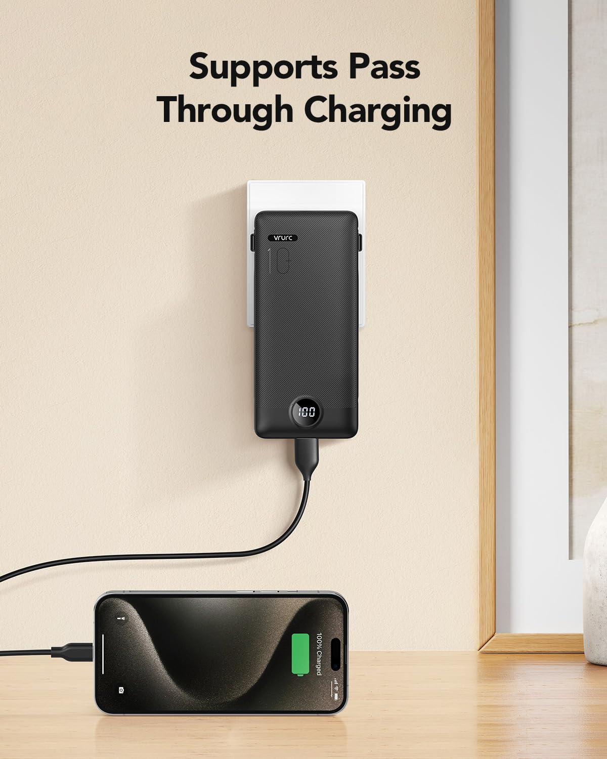 Portable Charger,Power Bank Built-in Cables and AC Wall Plug,VRURC USB C Portable Bank 10000mAh,Travel Essentials Phone Charger Compact Lightweight External Battery Pack for Smart Phones,Tablets-Black