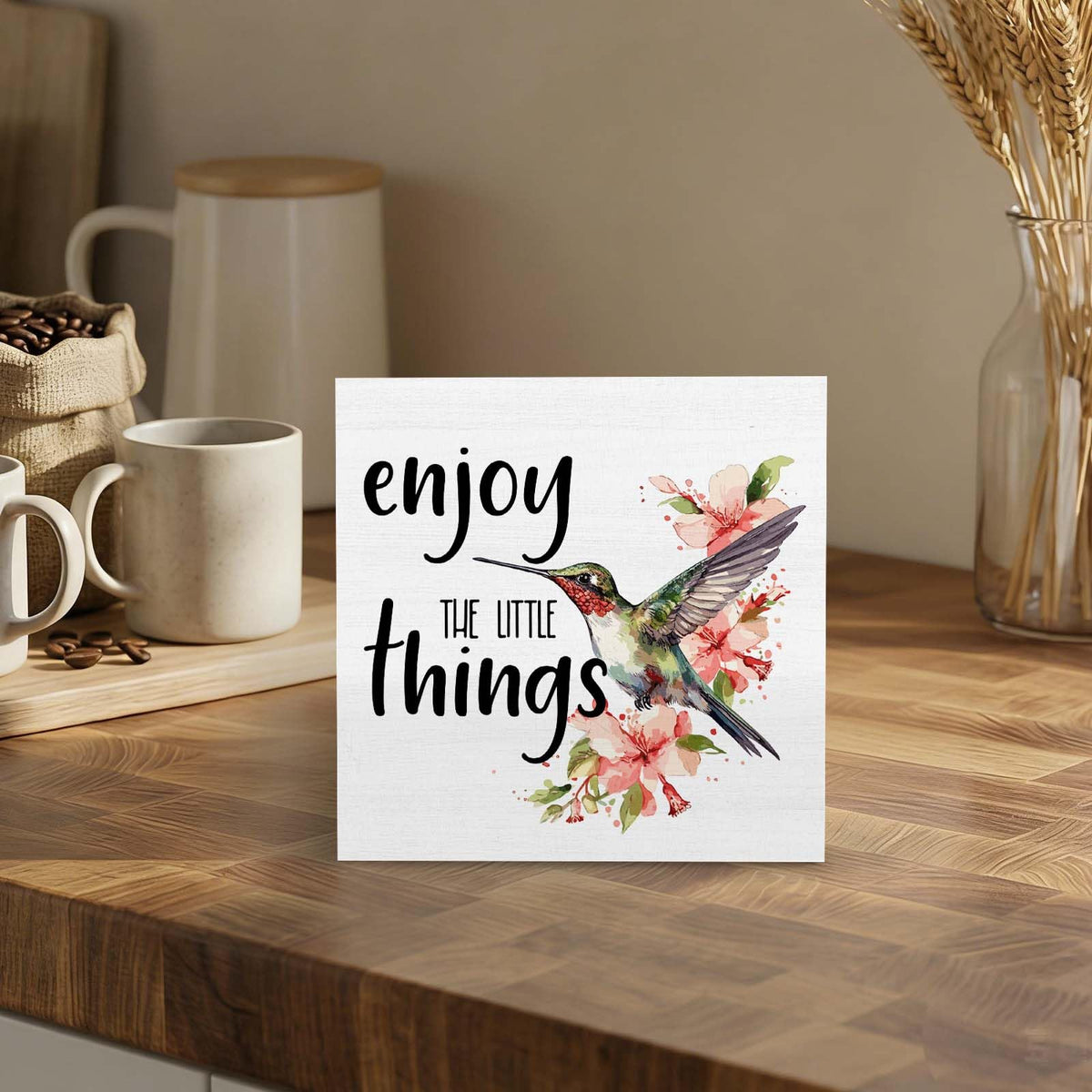 GWOKPAAI Hummingbird Inspirational Wooden Box Signs Desk Decor, Hummingbirds Gifts for Women,Enjoy the Little Things Motivational Wooden Signs Desk Decorations for Home Bedroom Tabletop Shelf,5x5in