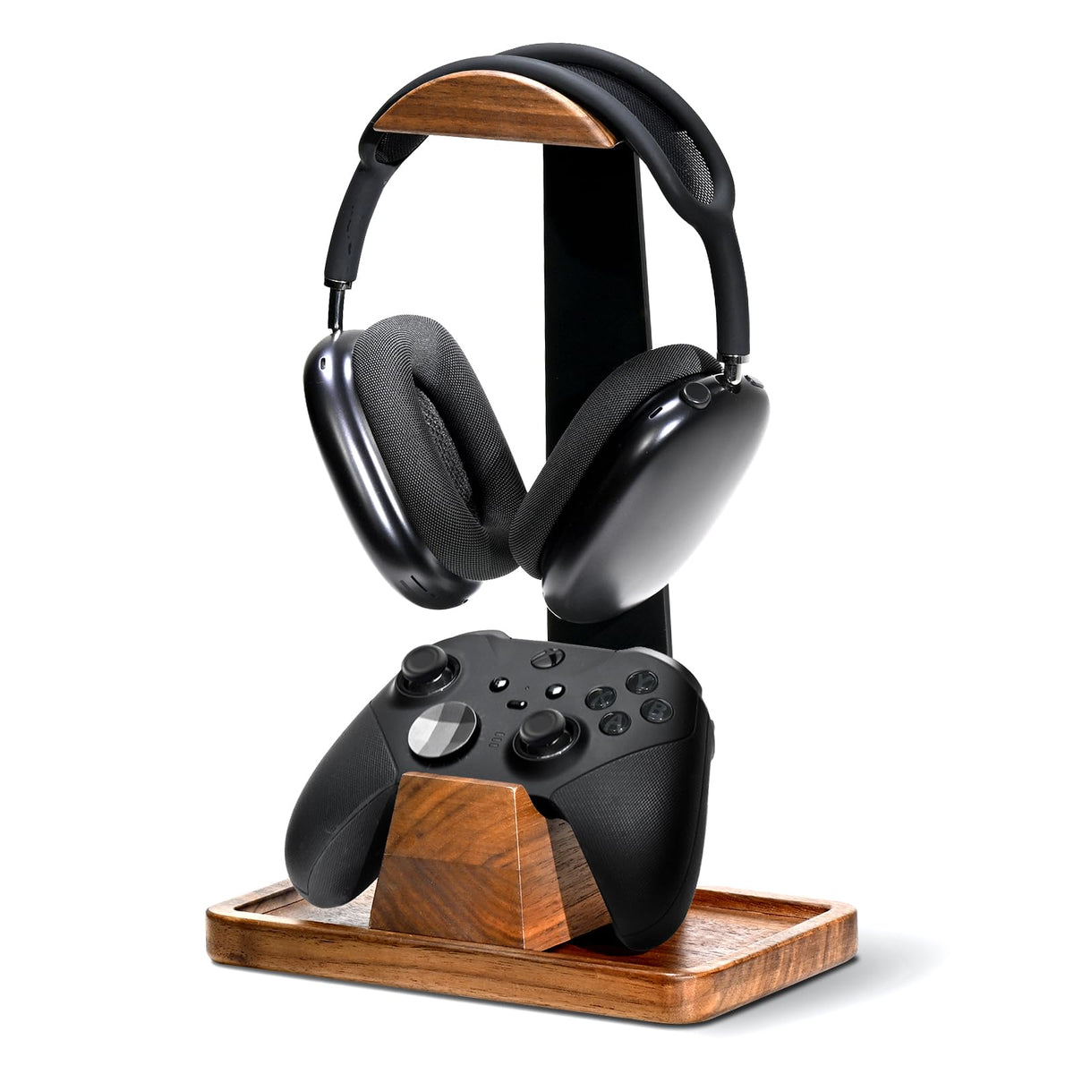 UPERGO Headset Stand with Gaming Controller Holder, Walnut Wood Headphone Stand with Storage Base, Gaming Equipment Accessories for Desk