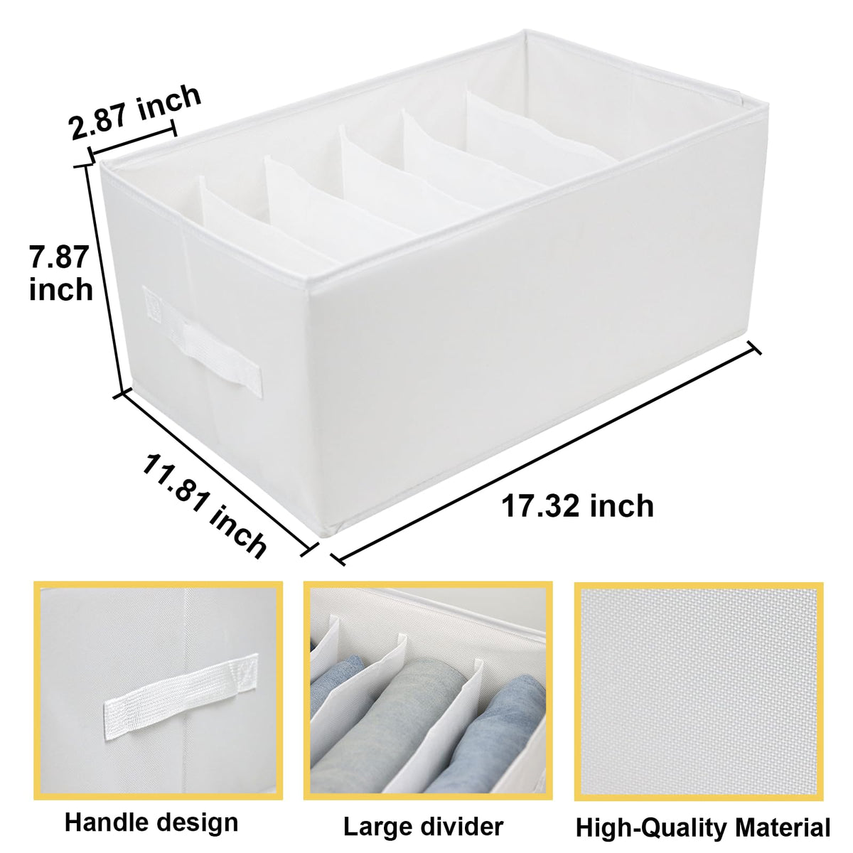 Extra Large Clothes Closet Organizer 6 Compartments for Jean Sweater Sheets to Shirt - Divided Clothing Storage Boxes for Closet, Wordrobe, Bedroom, Shelf (4pc White)