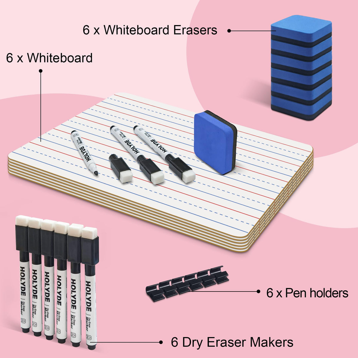 Dry Erase Boards 6 Pack, Double Sided Small Whiteboards with Lines for Kids, Students, Teacher & Classroom Pack, 9"x12" Mini Individual White Boards Lined for Writing Math English Practice