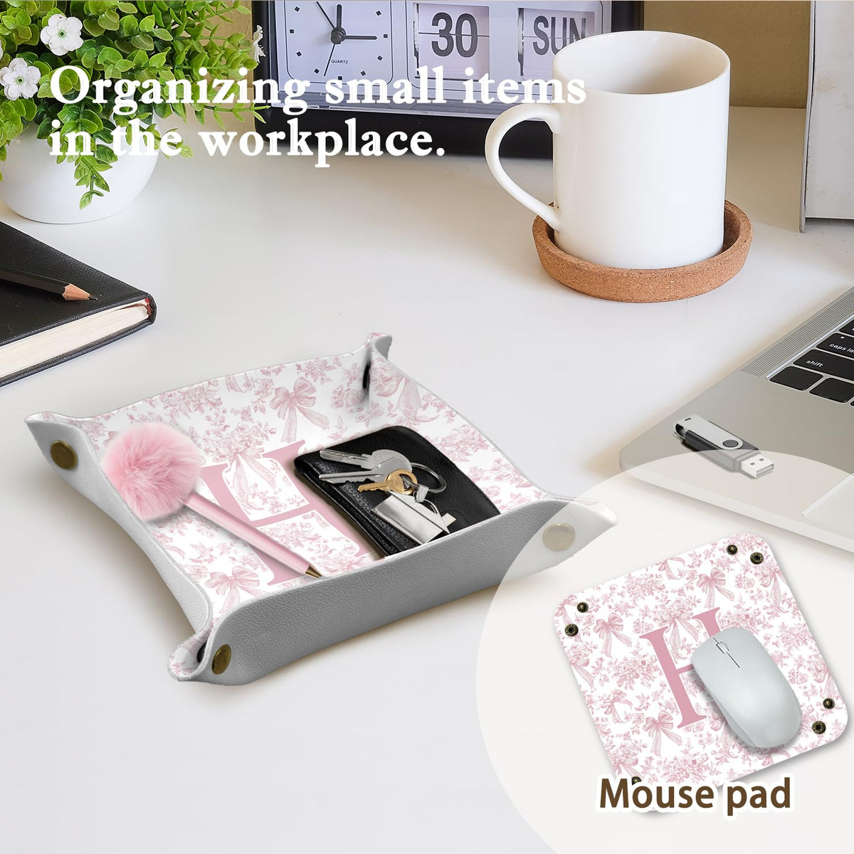 Dilemat Gifts for Women Initial Valet Tray,Pink Personalized Gifts for Women Mom Grandma Girlfriend,Nightstand Desk Accessories PU Leather Tray Organizer for Birthday Christmas Gift Ideas (H)