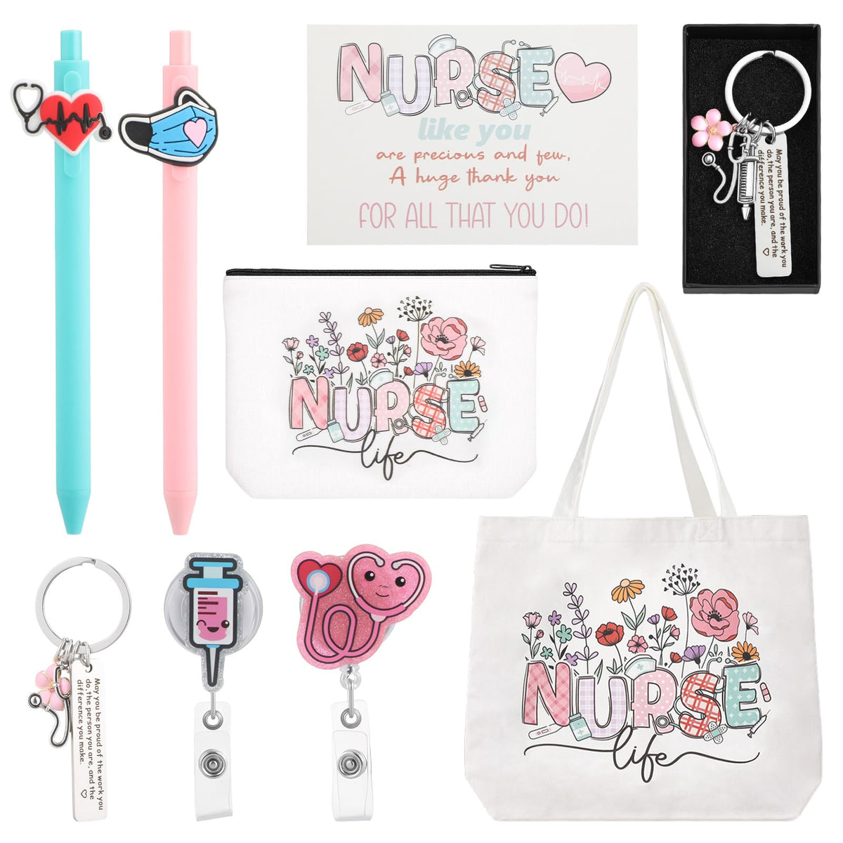 BESARME Nurse Gifts Set for Women, Nurse Essentials Graduation Gifts with Canvas Tote Bag, Keychain, Badge Reel Clips, Pens, Pouch, Greeting Card - Nurse Appreciation Gift
