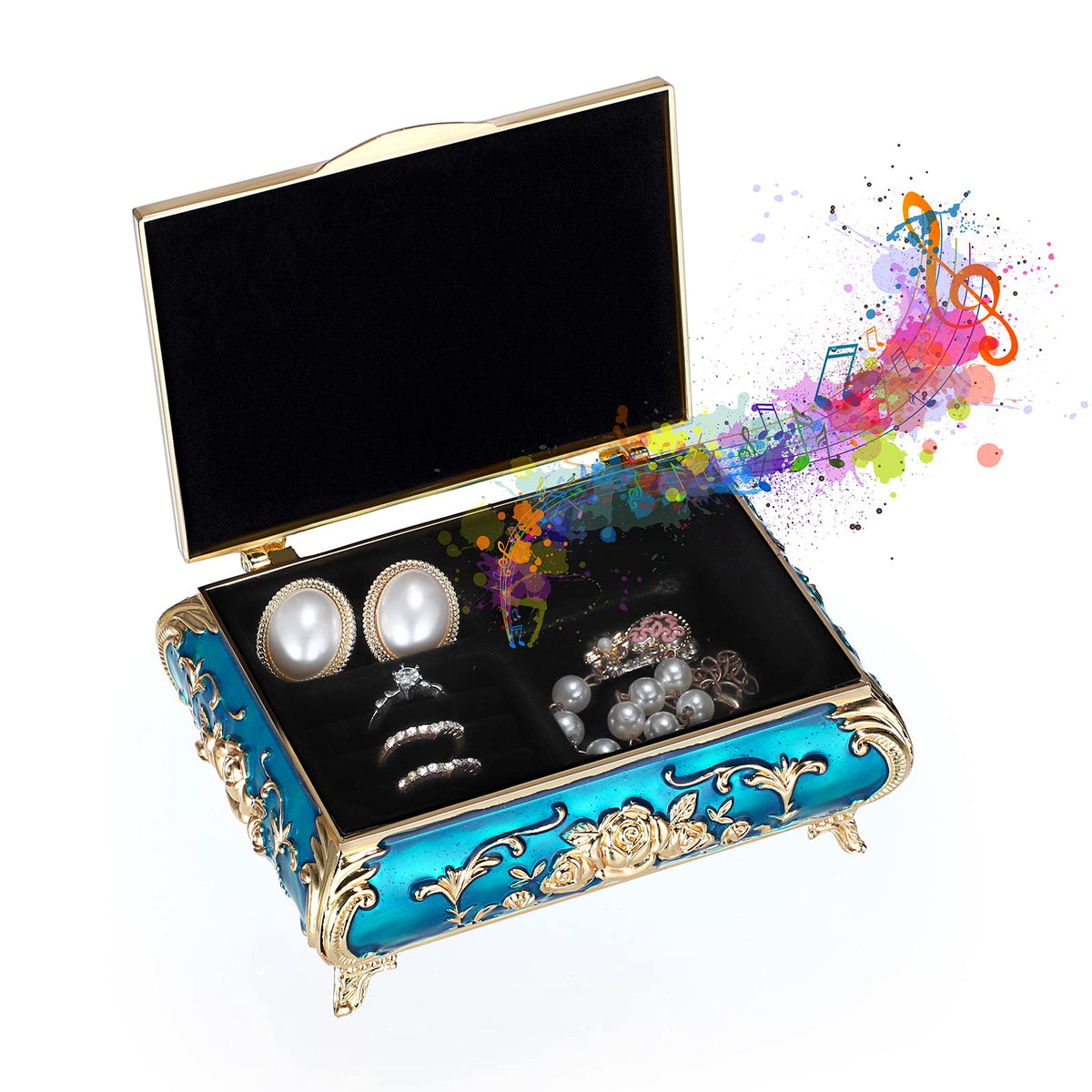 ELLDOO Vintage Music Box, Blue Metal Musical Jewelry Box Keepsake Box, Small Trinket Jewelry Storage Box Gift for Girl Women (Tune: You are My Sunshine)