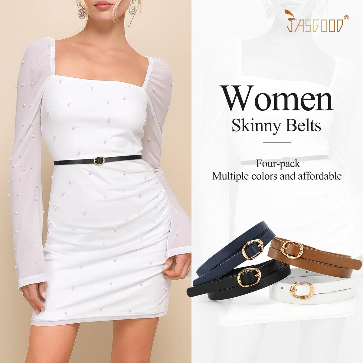 JASGOOD 4 Pack Women Skinny Leather Belts Slim Thin Belt for Dresses Jeans Pants Ladies Small Waist Belt