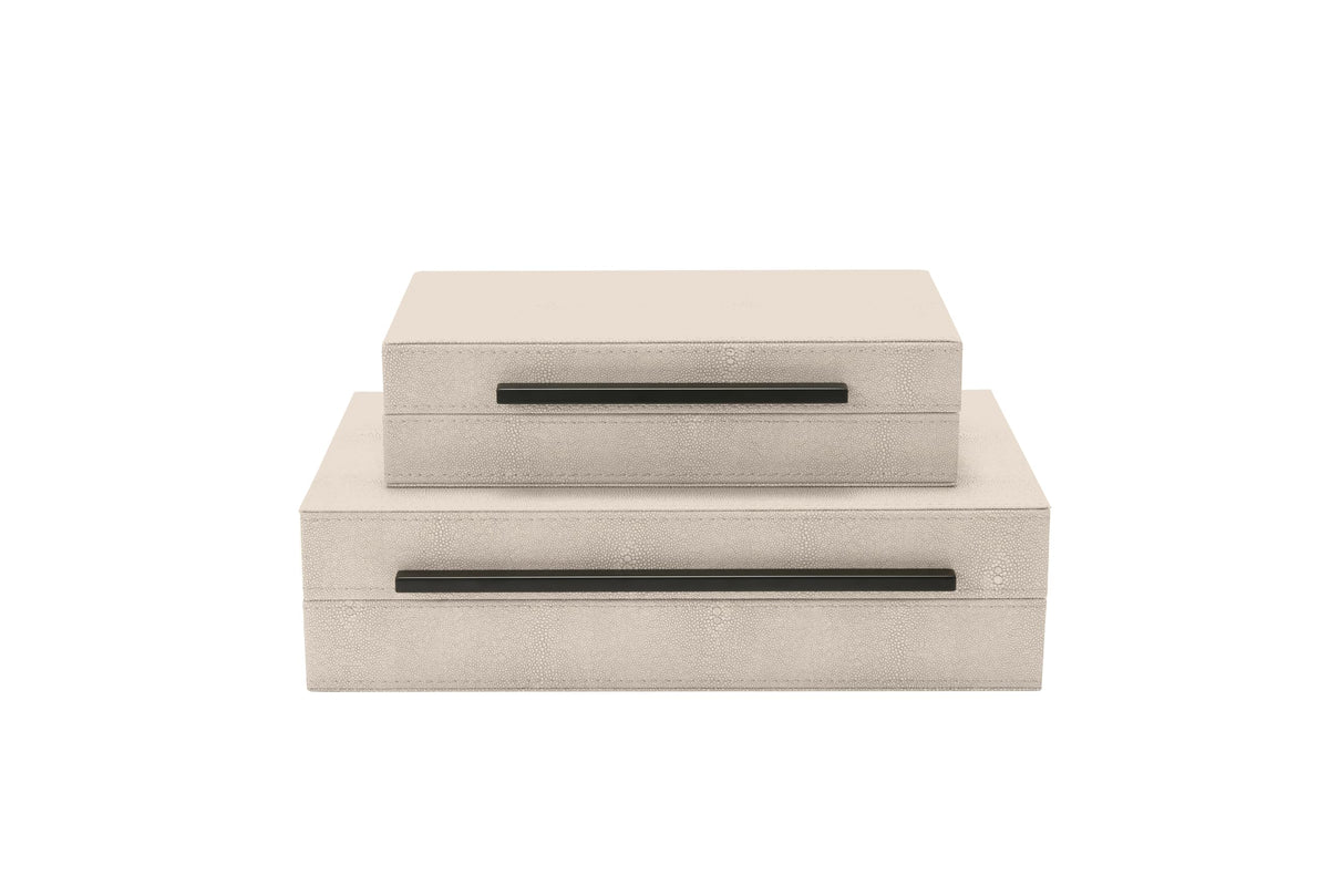 Sagala Set of 2 Ivory Shagreen Decorative Boxes With Black Metal Handles, Faux Leather Jewelry Boxes Modern Storage Boxes Photo Boxes Memory Boxes Home Organizer Box(Ivory)