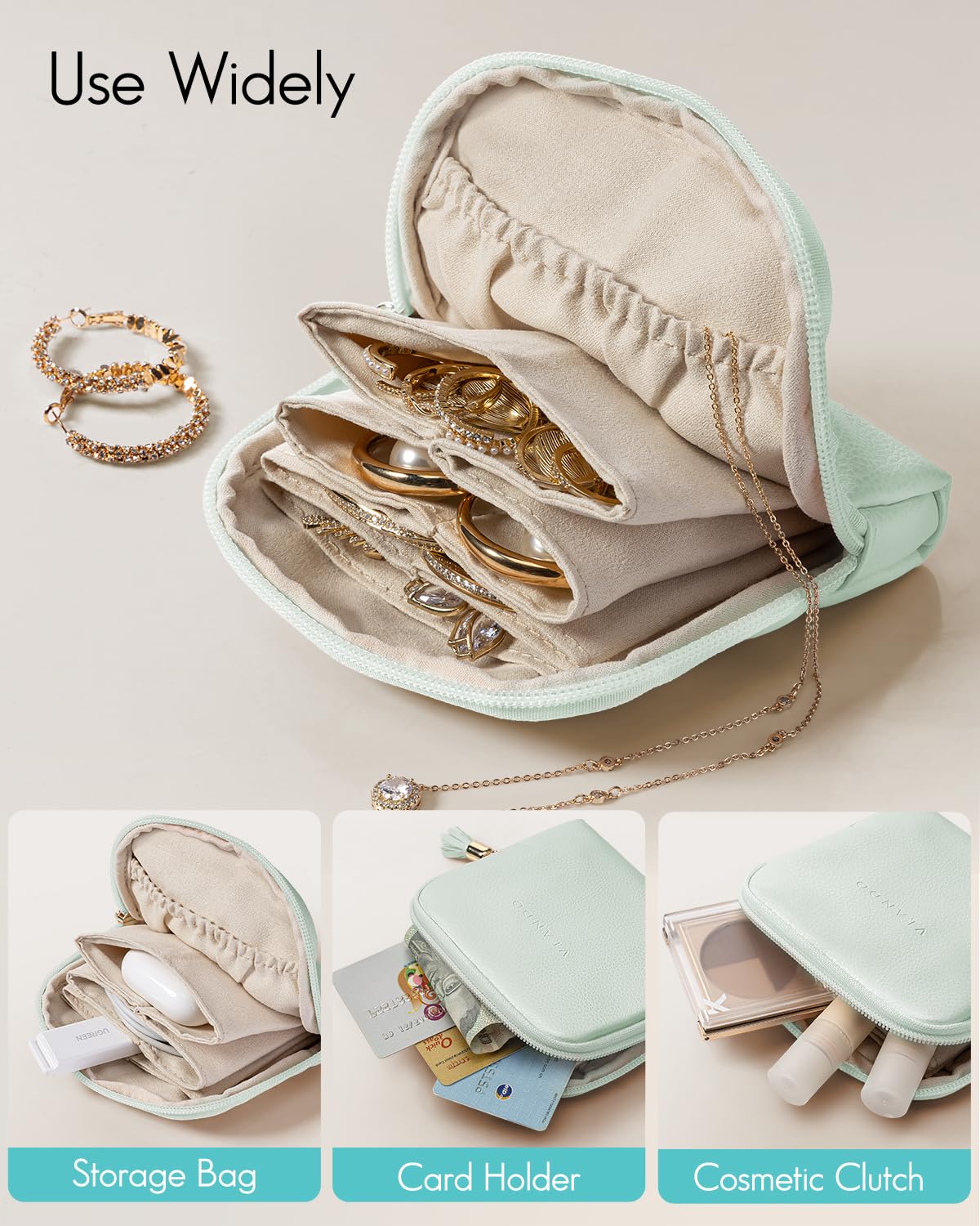 VLANDO Small Jewelry Travel Case,Jewelry Pouch Bags with Zipper,Velvet Jewelry Organizer Storage Bag for Bracelet Rings Earring Travel Essentials Gifts for Women Girl-Mint Green