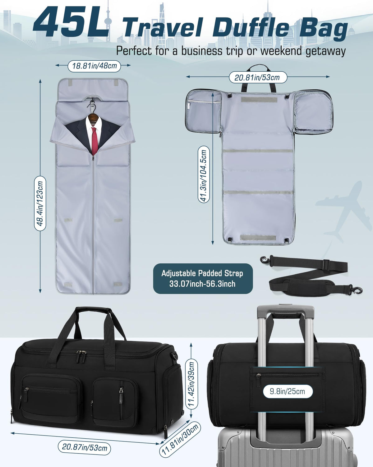 RAINSMORE Convertible Garment Bags for Travel, 45L Garment Duffle bag for Hanging Clothes, 3 in 1 Suit Travel Bag for Business Trips with Shoulder Strap, Carry On Suit Luggage for Men Women, Black