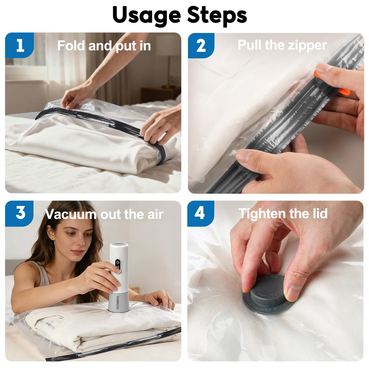 Mapambo Travel Vacuum Bags with -60000Pa LED Electric Pump, 15 Pack Vacuum Seal Bags for Clothing Travel in 3 Combo sizes, Space Saver Vacuum Storage Bags, Saving up to 80% of Space (15 Combo)