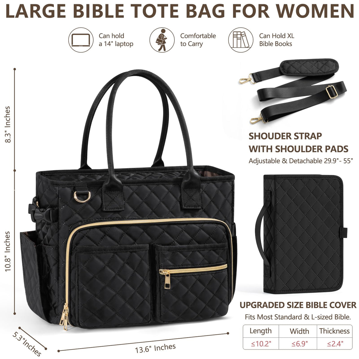 Large Bible Bag with Bible Cover Case for Women, Quilted Church Tote Bag Carrying Case w/Shoulder Strap Bible Study Supplies Journaling Kit Accessories Mothers Day Christian Gift for Women Mom Teacher