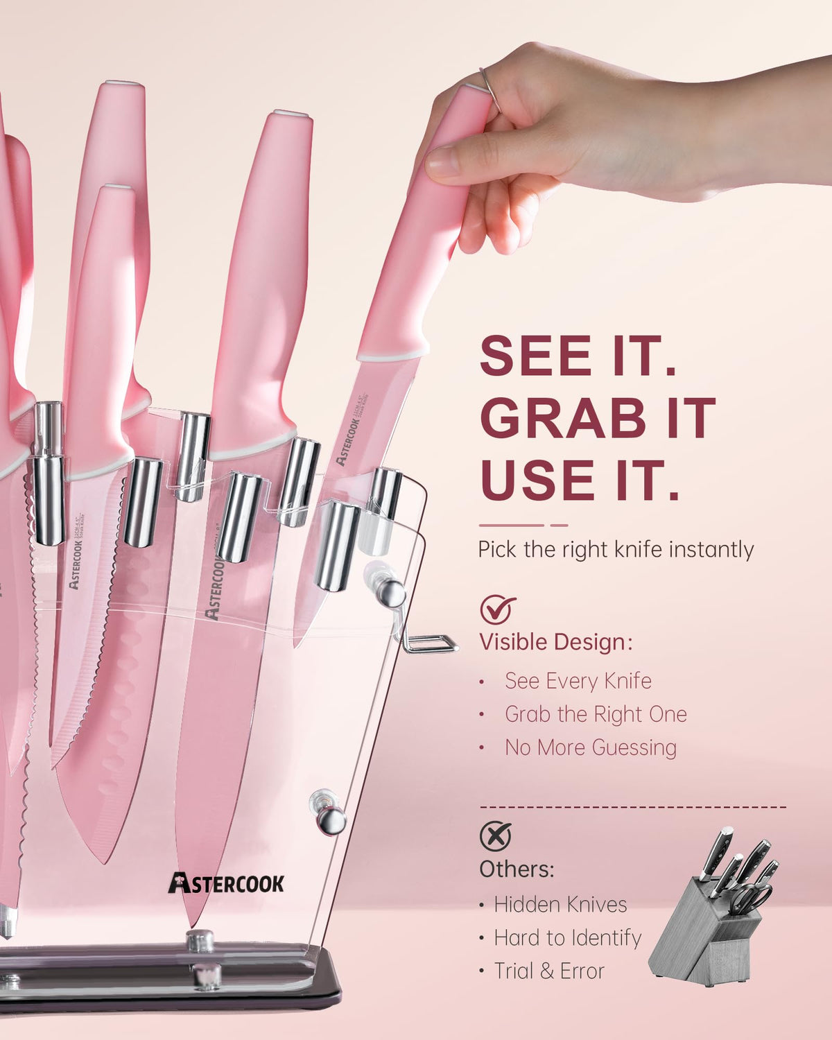 Astercook Knife Set with Block and Sharpener, 22 Piece Kitchen Knife Set Dishwasher Safe, Space-Saving Clear Knife Block with Knives for Everyday Home Cooking Mothers Day Gifts Pink