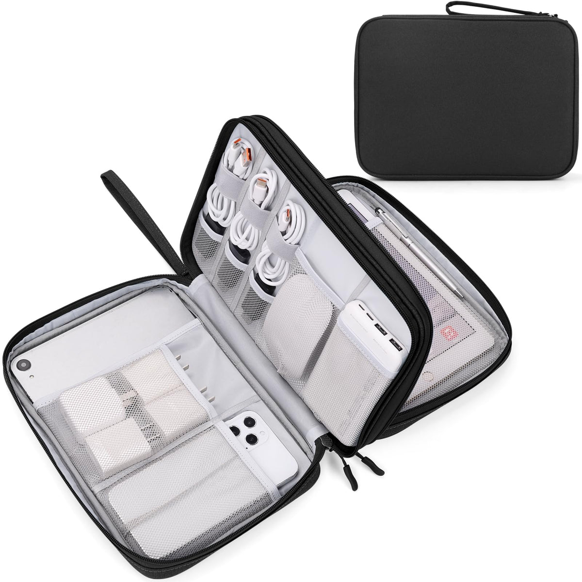 FYY Electronic Organizer, Extra Large Travel Cable Organizer Bag Pouch Portable Waterproof Double Layers All-in-One Storage Bag for iPad, Cable, Power Bank, Laptop Charger for Office/Home, Black