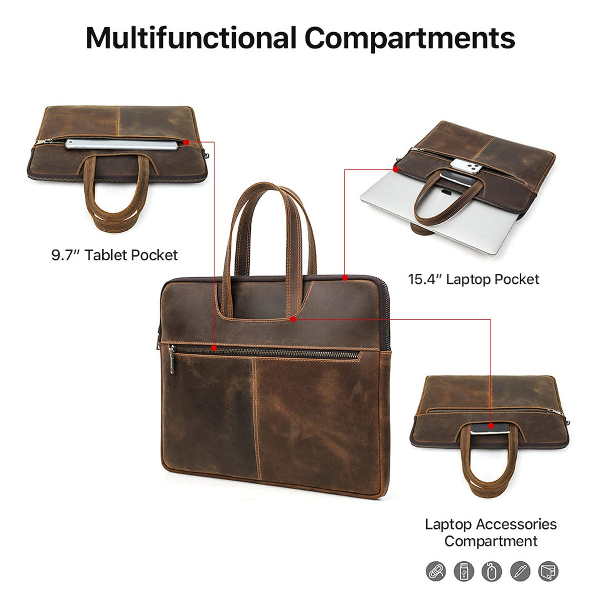 CataPurus Top Grain Leather 15.4" Slim Laptop Briefcase Handbag, Vintage Design with 5 Pockets, Handmade, Compatible with MacBook Pro/Air 13.3"/14.2"/15.4"/16" & other Laptop/Tablet, Coffee 15.4 Inch