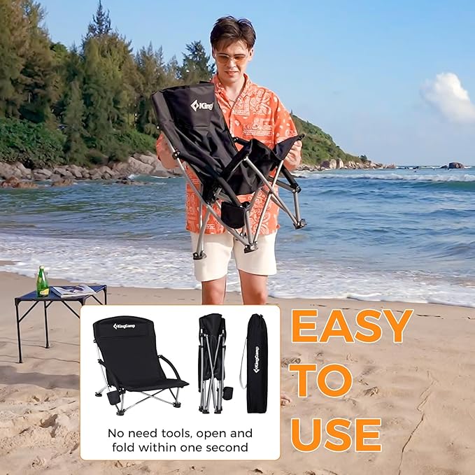 KingCamp Low Beach Chairs, Portable Folding Chair for Adults Extra Wide Ergonomic High Back Seat 300lbs Heavy Duty Lightweight Oversized Gear with Carry Bag for Outdoor Lawn Camping Picnic