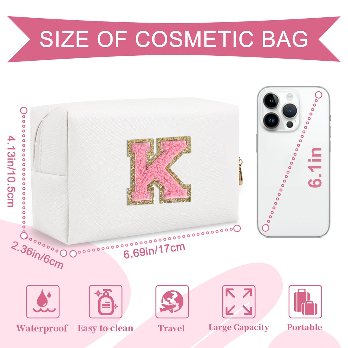 Personalized Makeup Bag Initial A-Z Preppy Patch Bag,Small PU Leather Travel Cosmetic Bag Pouch with Zipper,White Cute Toiletry Bag,Gift Ideal for Teen Girls Women Birthday Friend Mom,Letter K