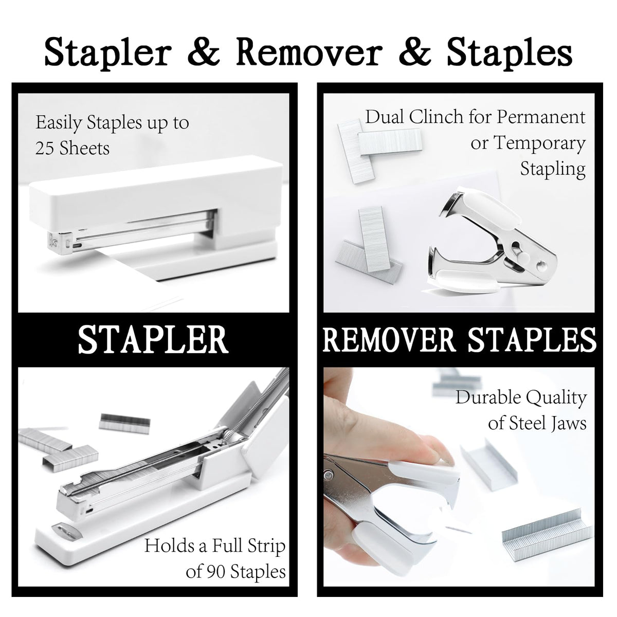 White Office Supplies, UPIHO White Desk Accessories, Stapler and Tape Dispenser Set for Women with Stapler,Tape Dispenser, Staple Remover, Staples,Scissor and Tabs for Students Office Clerks